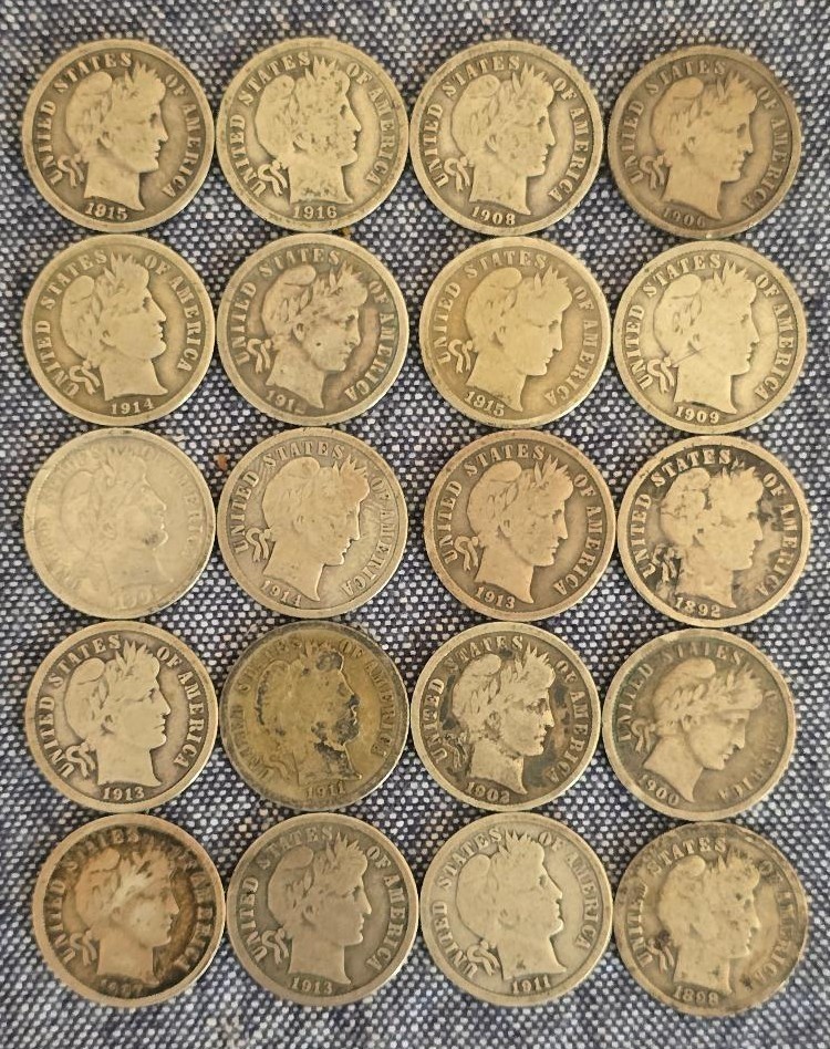 Barber Silver Dimes 10C Lot of 20 (0.9 Fine) mostly VG Mixed Dates - Lot 217