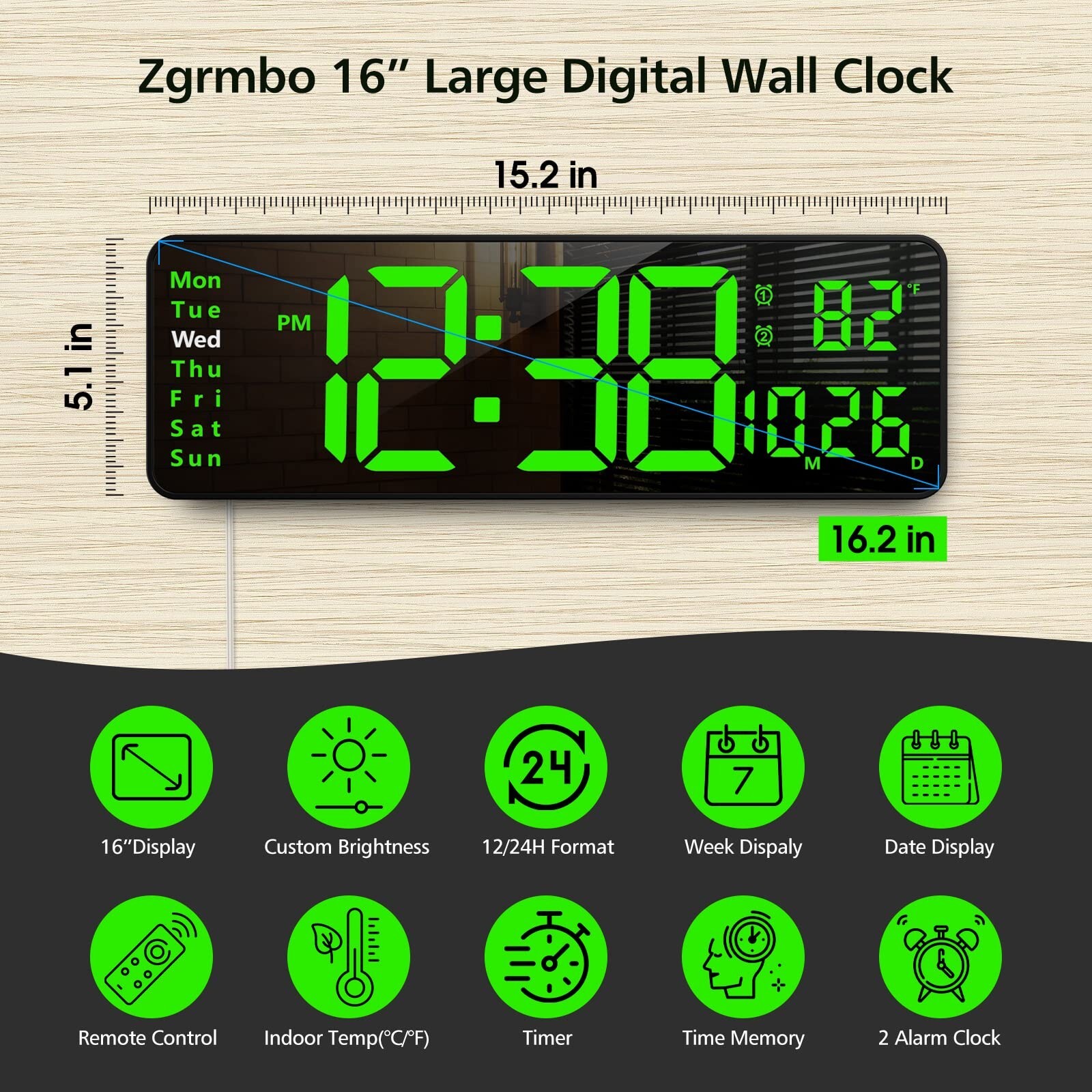 16" Large Digital Wall Clock with Remote, Large Display LED Wall Clock for Li...