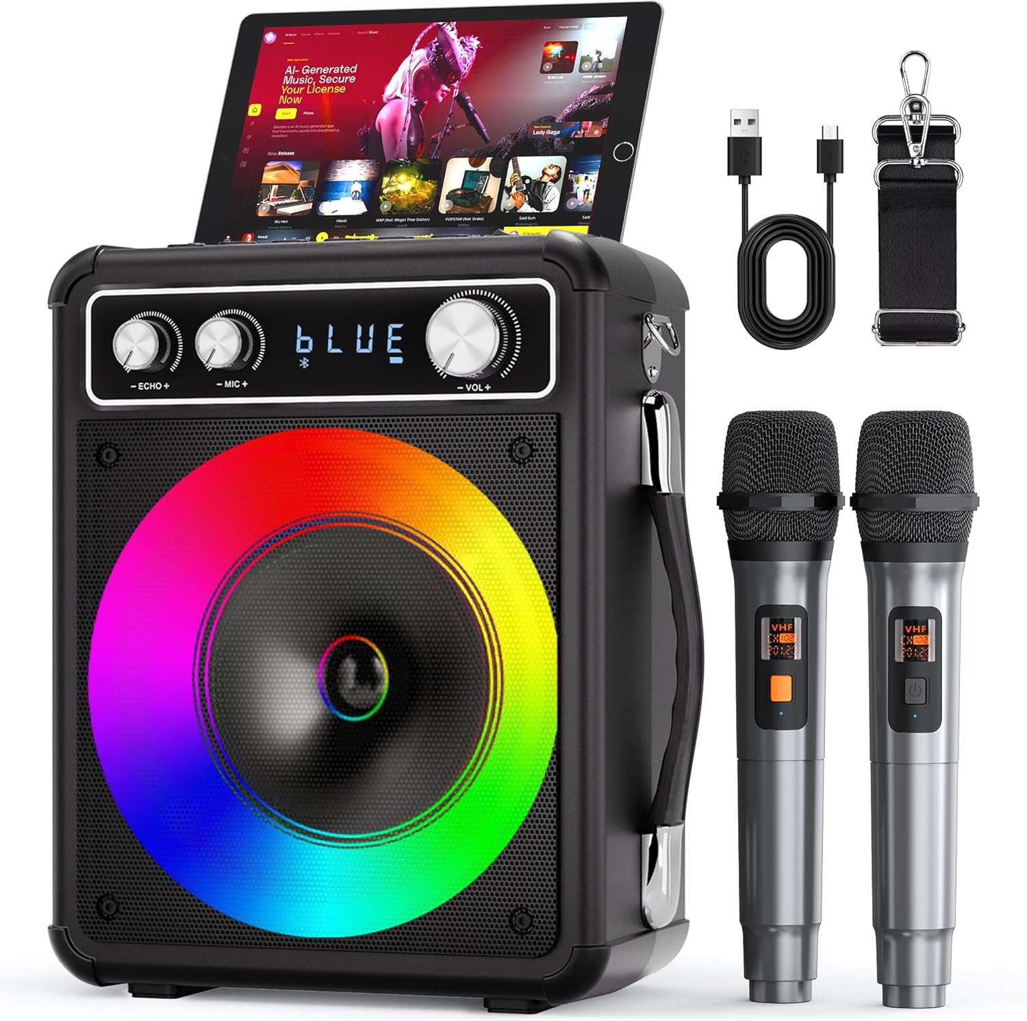 Karaoke Machine with 2 Wireless Microphones, Portable Bluetooth Speaker for Adul