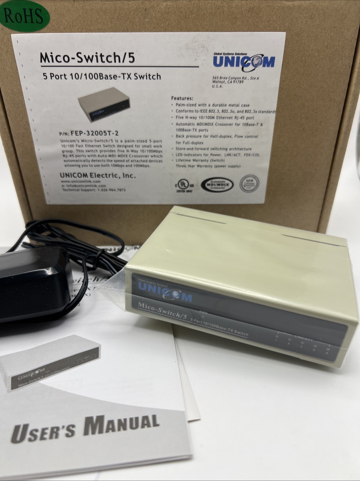 Unicom Micro Switch-5 5-PORT 10/100BASE-TX Switch New In Box FEP-32005T-2