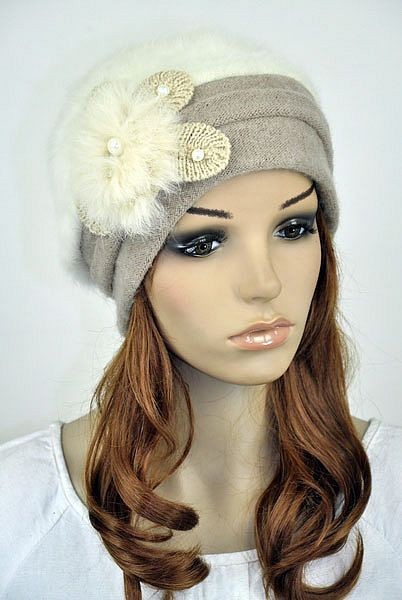 JM32 Rabbit Fur & Wool Women Winter Dress Hat Beanie Cap Cute Flower Ivory Beige