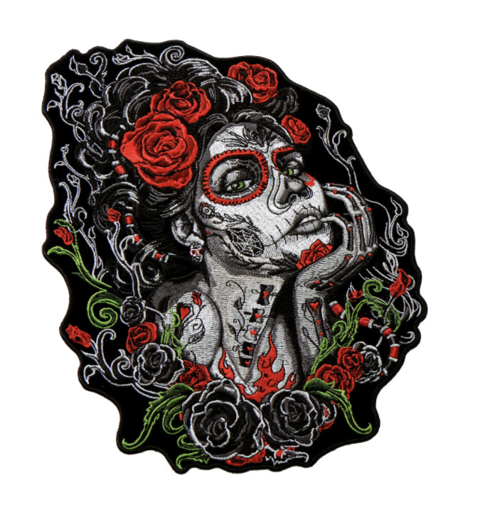 10" SUGAR SKULL WOMAN ROSES EMBROIDERED JACKET PATCH