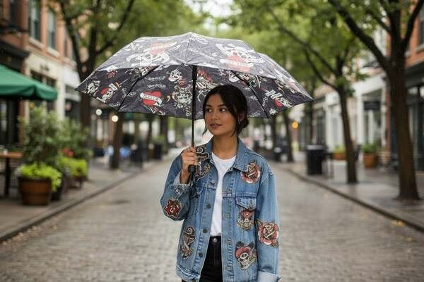 Ed Hardy Umbrella LOVE KILLS Skeleton Tattoo Pattern Auto Open/Close NWT