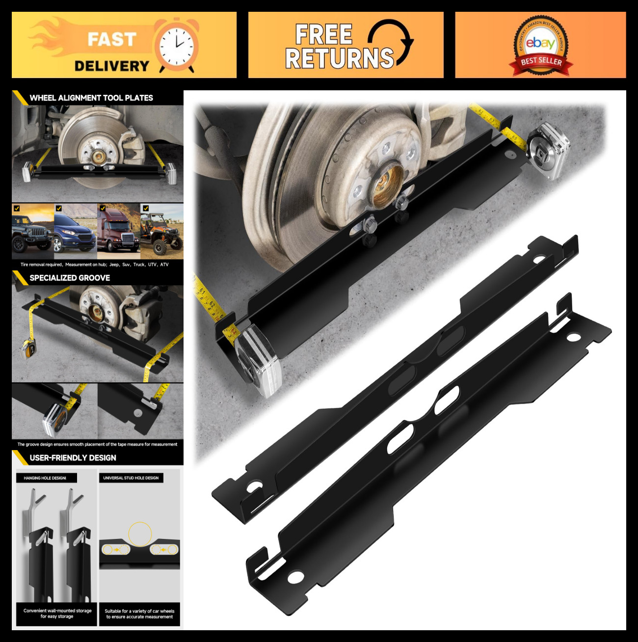 Heavy Duty Wheel Alignment Tool Kit - 2 Pack Toe Alignment Plates & Tape Measure