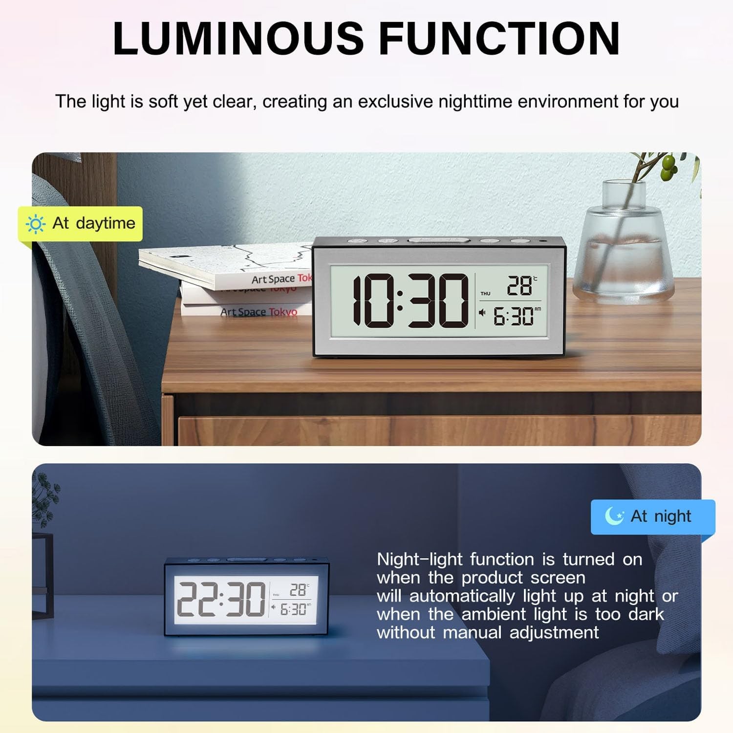 Digital Alarm Clock with LED Display, Bedside Battery Black