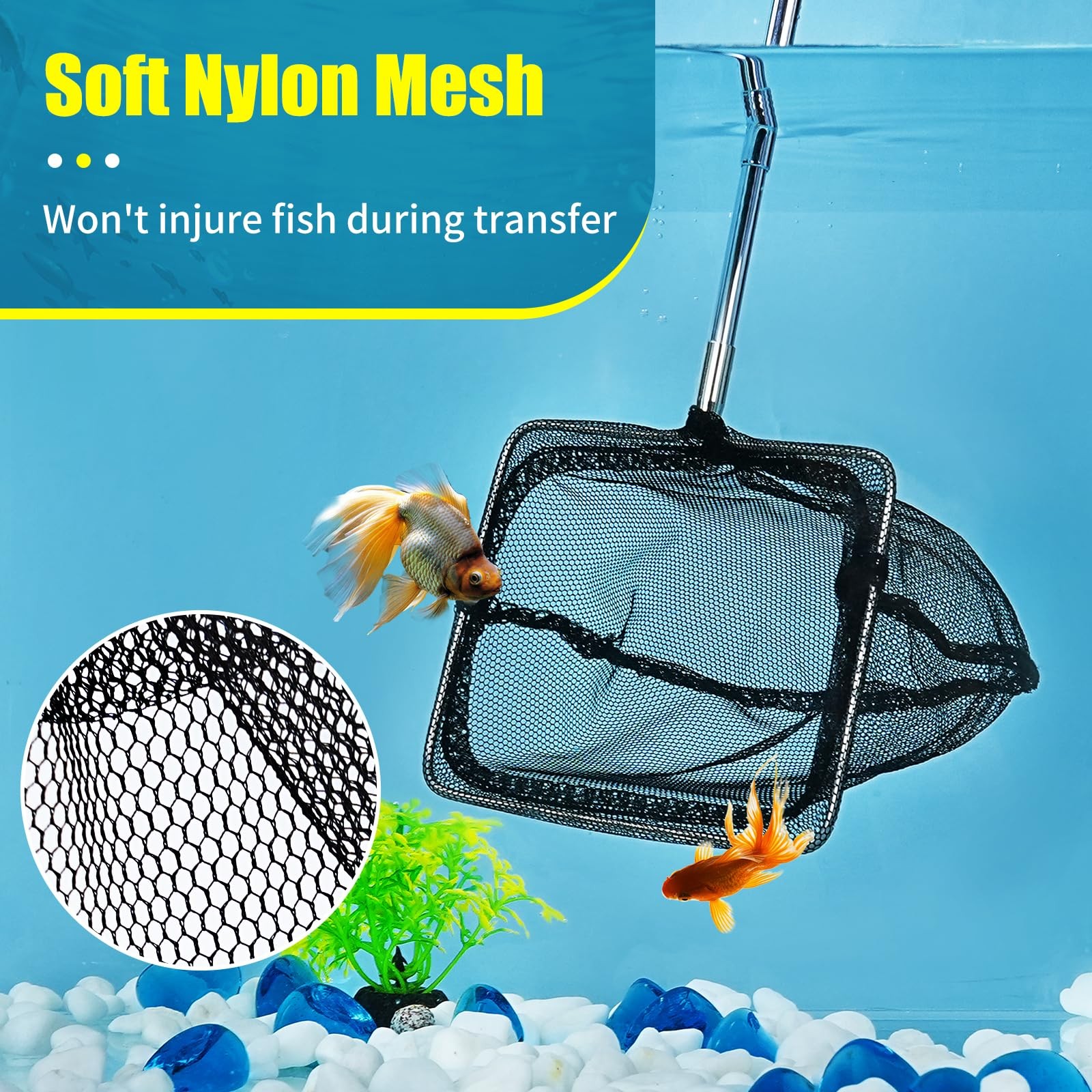 AQUANEAT Aquarium Net with Extendable Long Handle, Adjustable 8 Inch, Black