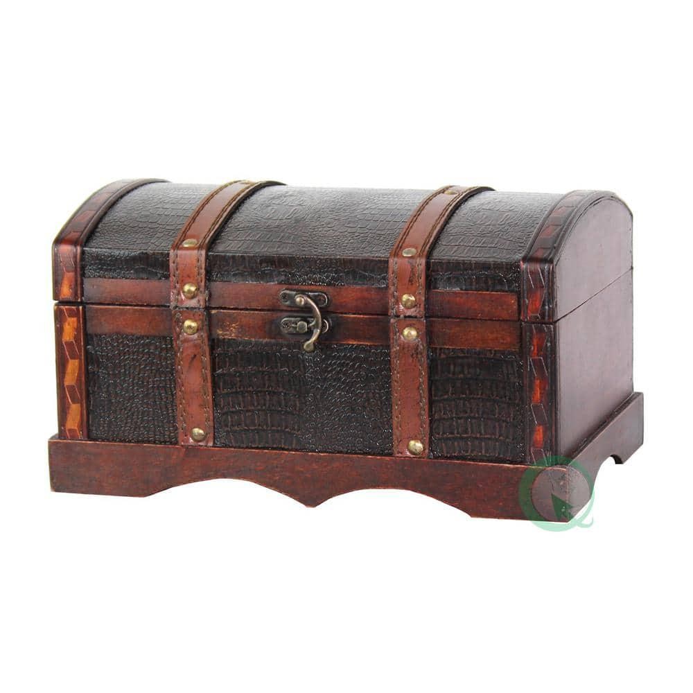 Vintiquewise Storage Trunk Box Wooden Treasure Chest Leather Decorative 12"x6.5"