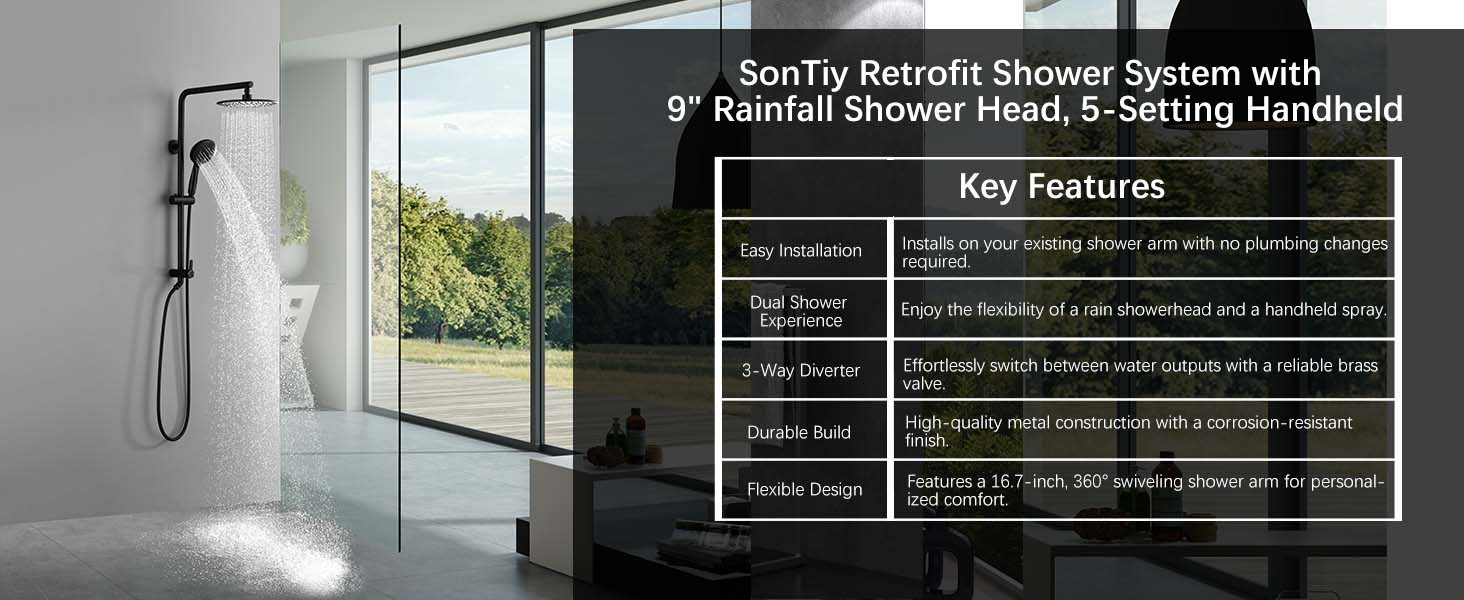 5-Function Retrofit Shower System Matte Black 9 Inch Rain Shower Head with