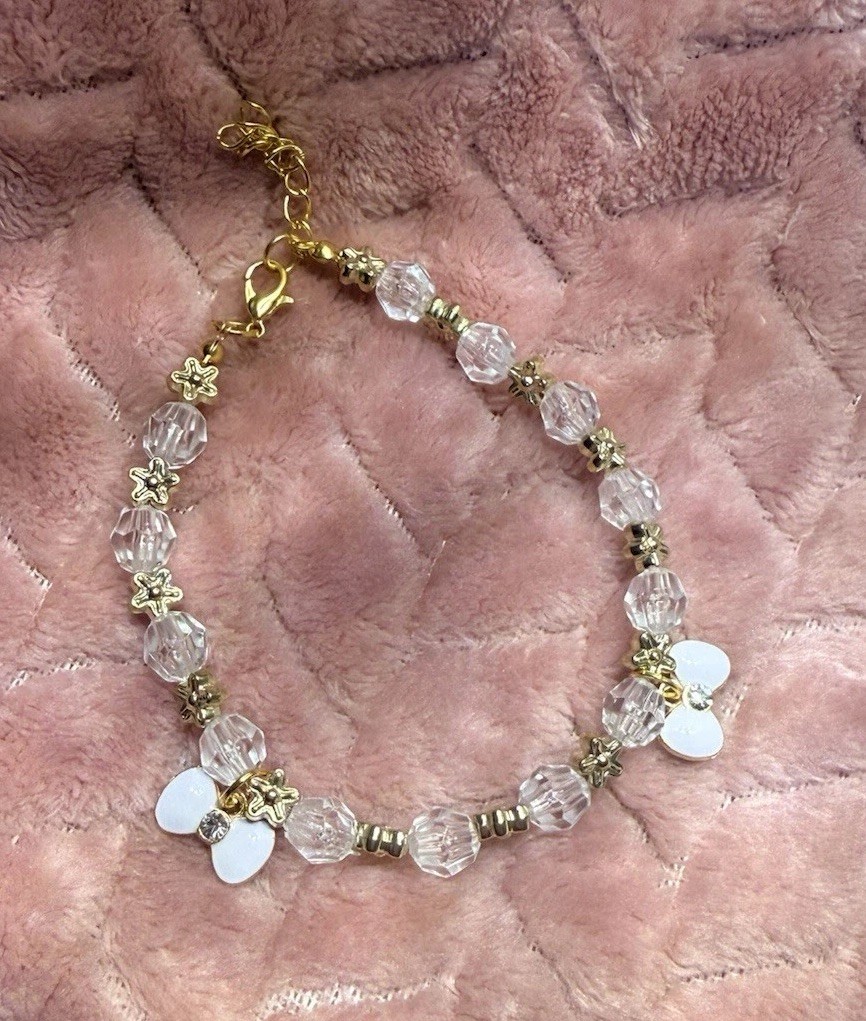 Clear Gold Beaded Charm Bracelets with Glass Beads, Letter Charms