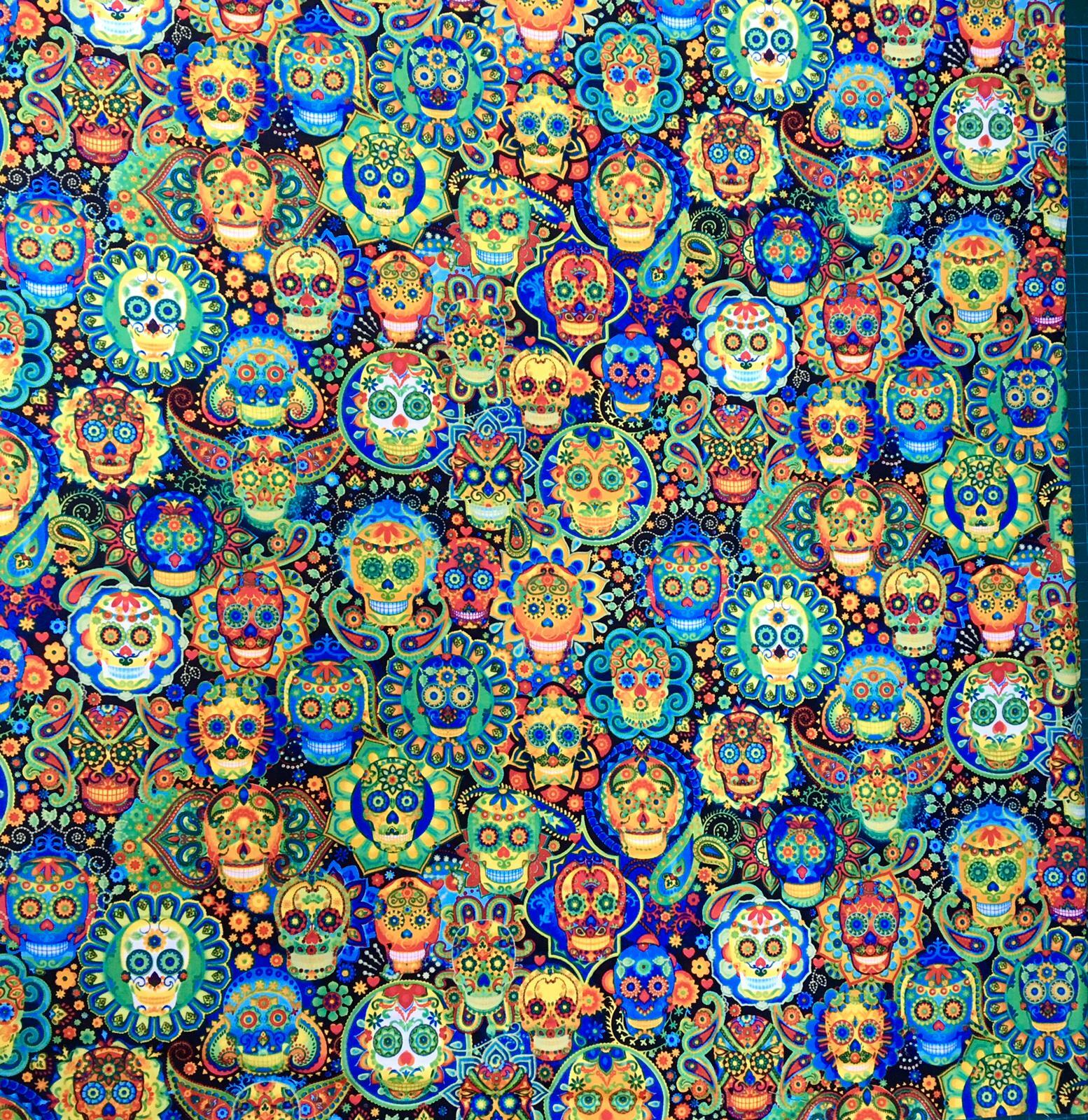 1/2MTR Day of the Dead Muertos Skull Timeless Cotton Fabric Halloween