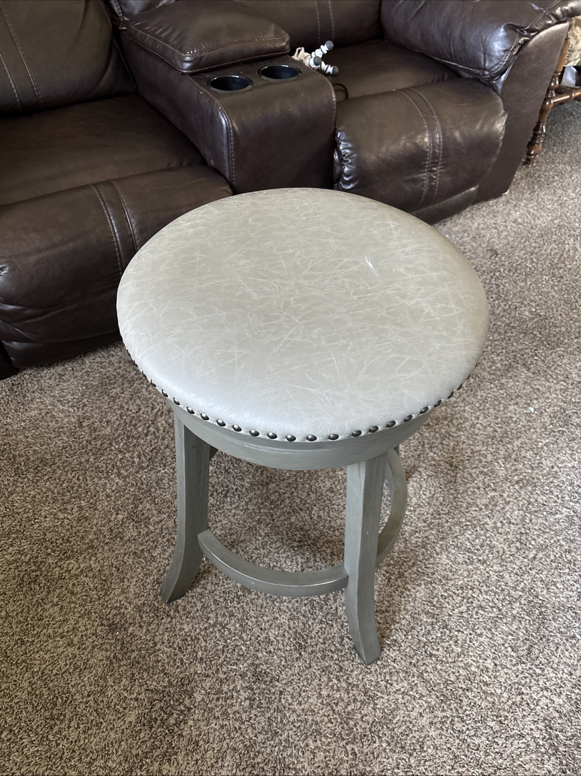 Modern Round Upholstered Accent Stool – Gray Faux Leather with Nailhead Trim
