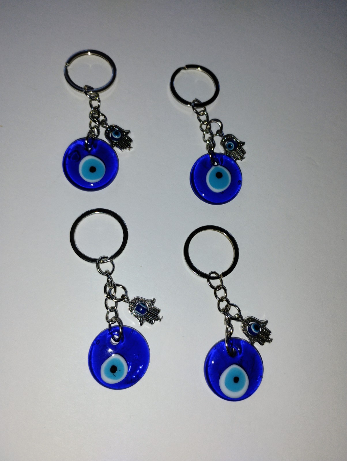 Set of 4 Blue Evil Eye Glass Disc Keychains w/ Hamsa Charm, Metal Key Ring