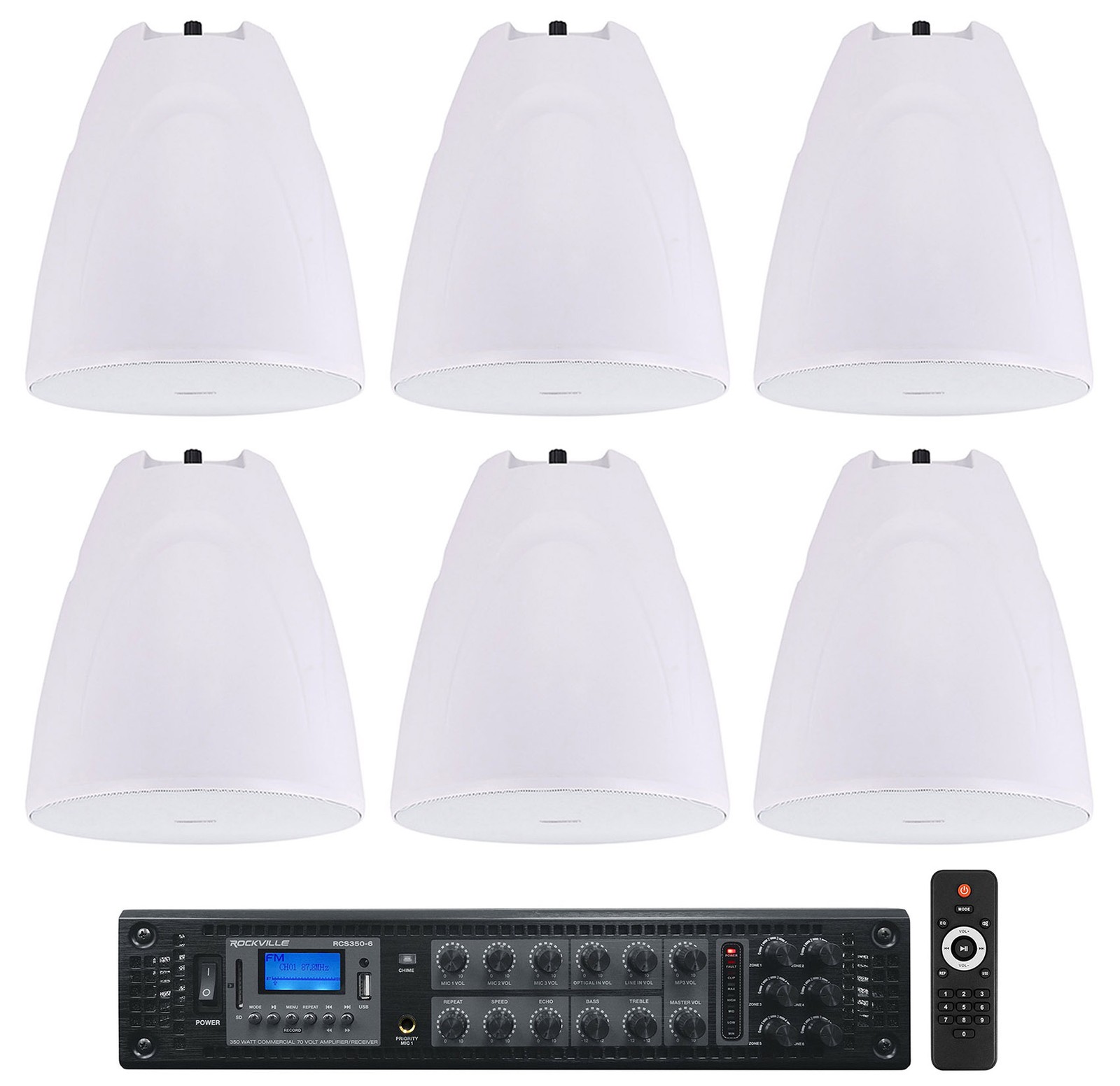 (6) Rockville PEN-80T White 8" 70V 40W Hanging Pendant Speakers+Commercial Amp
