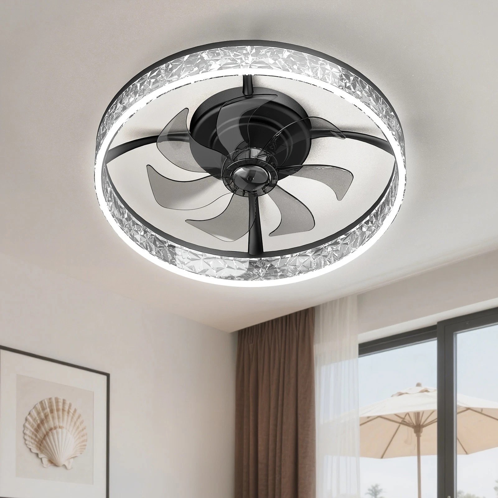 20" Modern Fan Lights Flush Mount LED Ceiling Light kit With Remote APP Control.