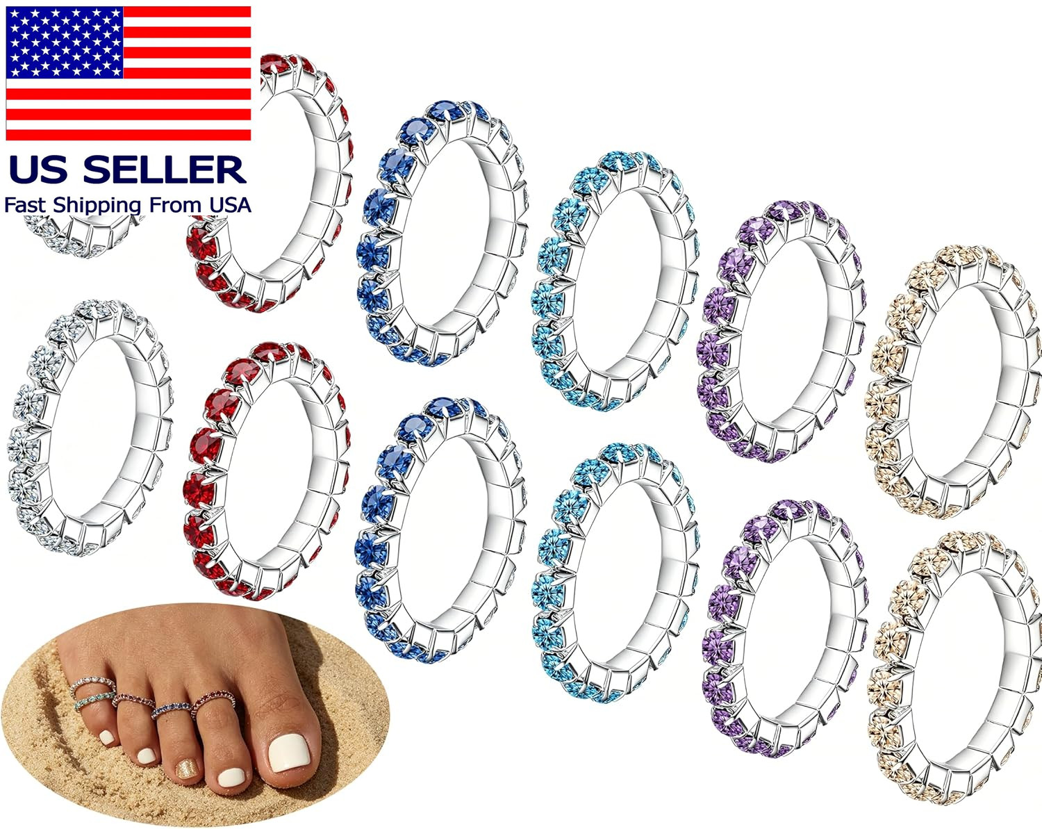 12Pcs Toe Rings for Women Non Tarnish Rhinestones Toe Rings Set Adjustable Stack