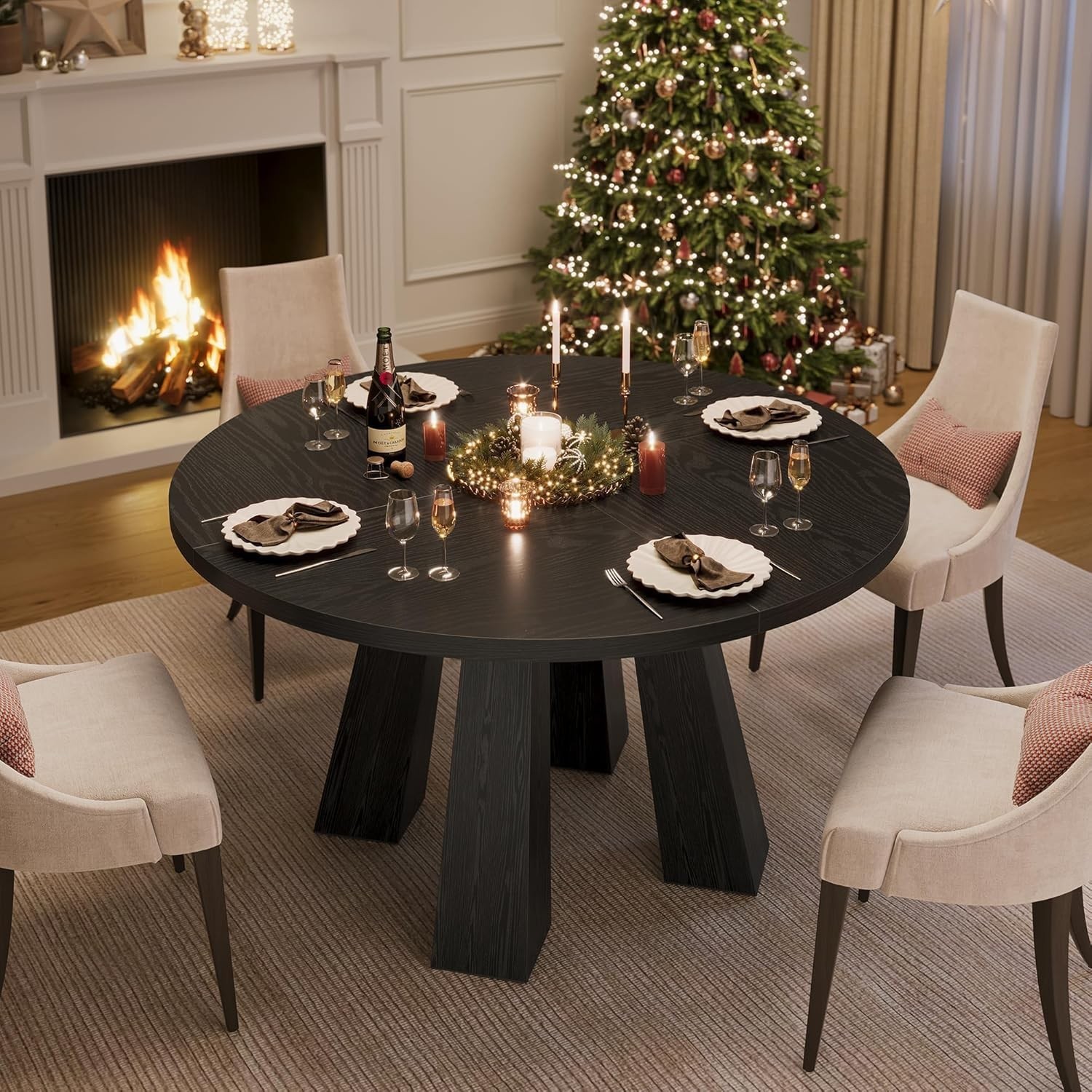 47" Round Dining Table 4-6 Wood Kitchen Table W/ Sturdy Base Farmhouse Circle