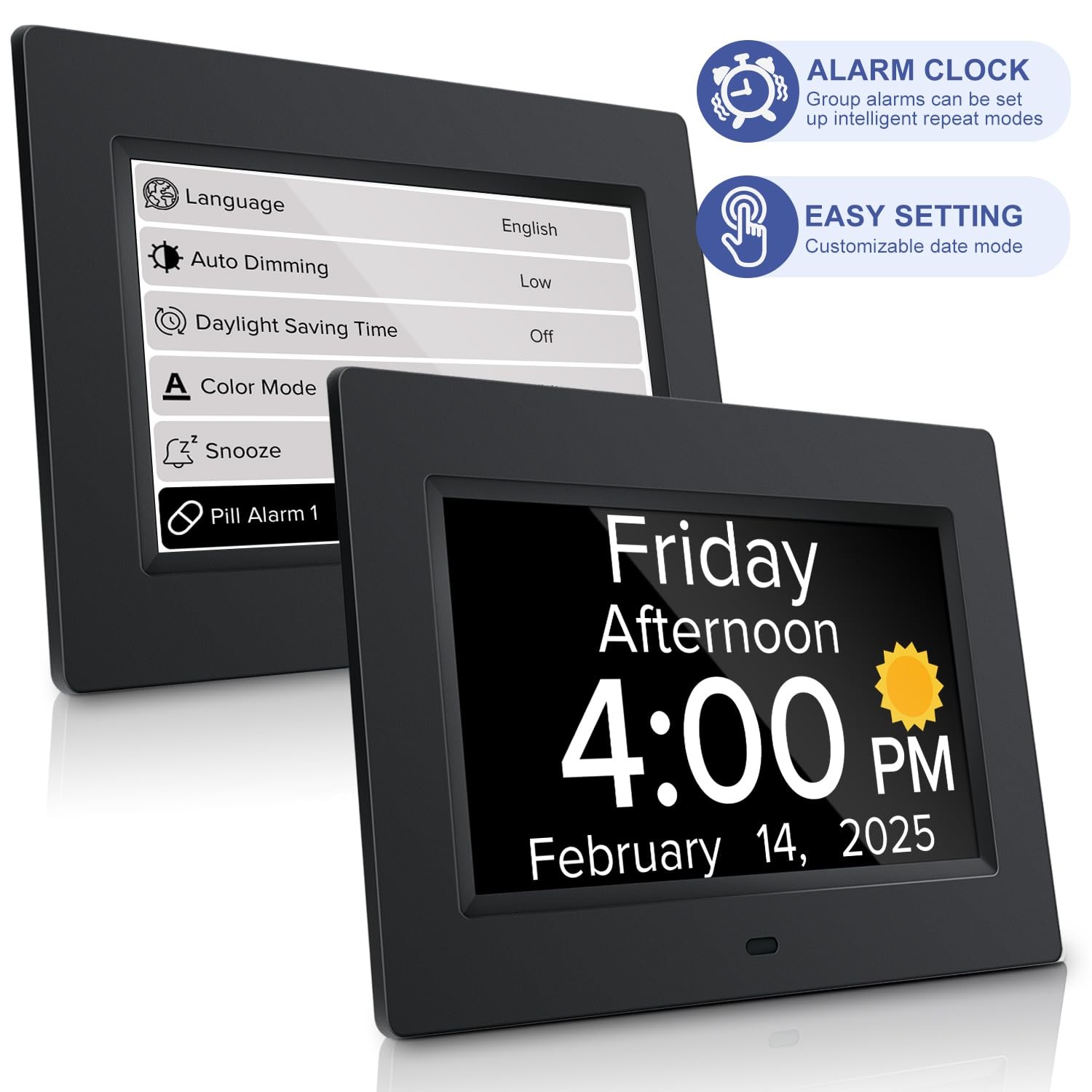 Mitoart Digital Alarm Clock with Date and Day of Week for Black, 7" Black