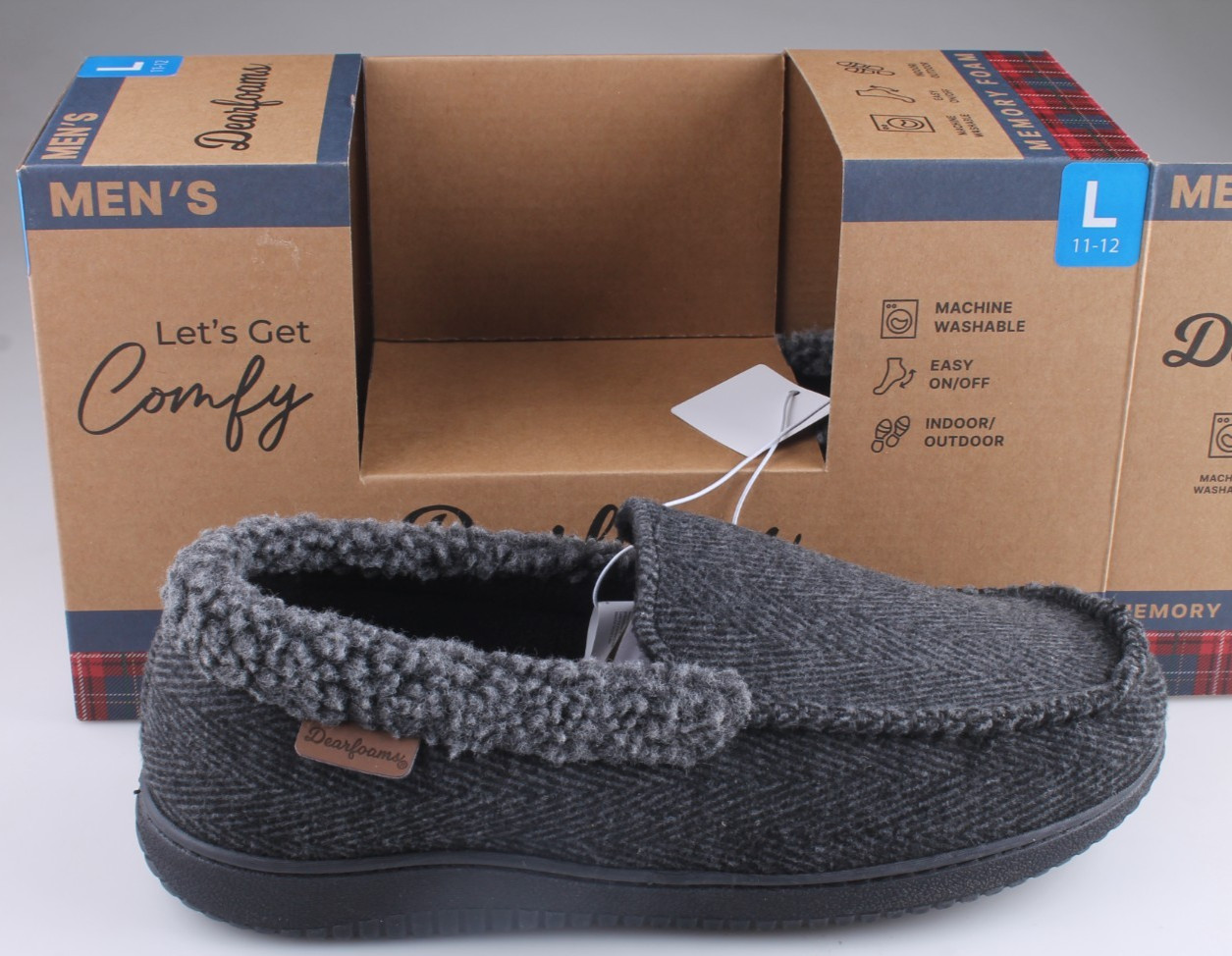 Dearfoams Men’s Black Slippers Size L 11 - 12 Indoor Outdoor Memory Foam NIB