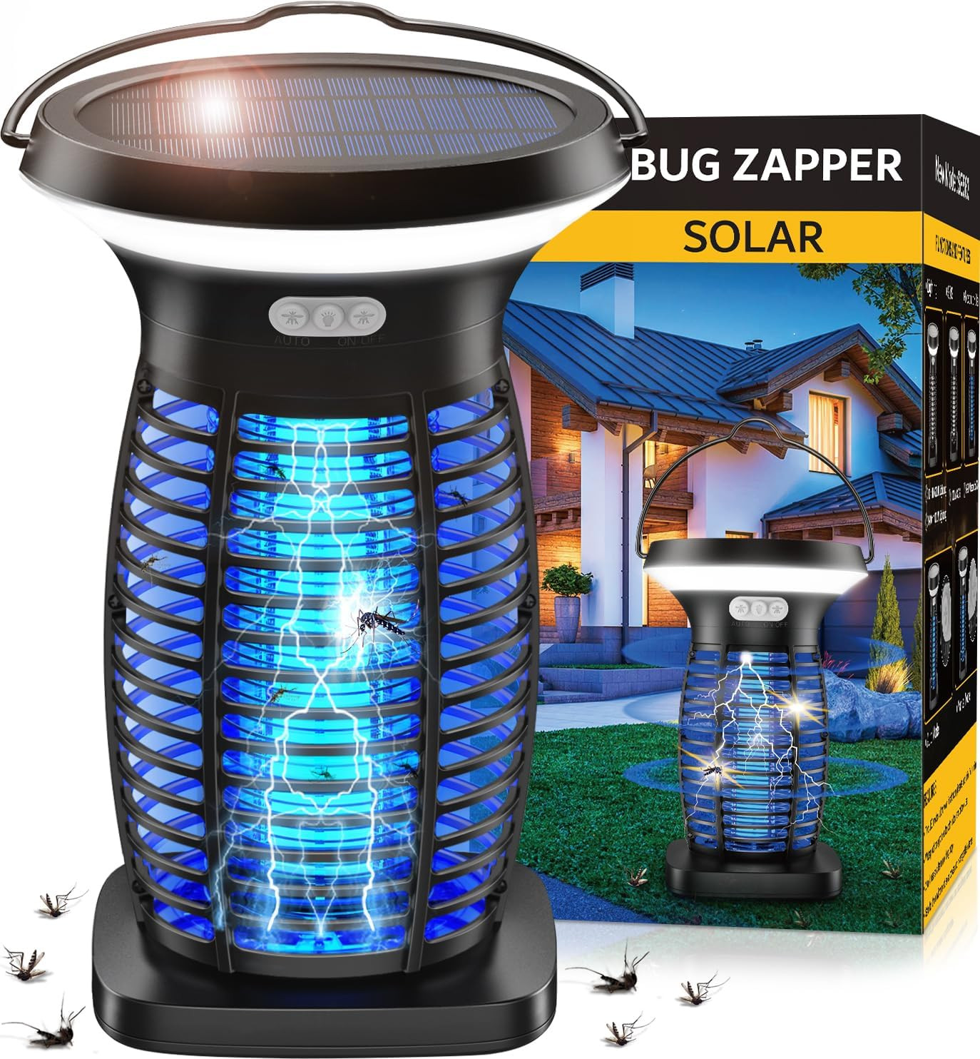 Solar Bug Zapper Outdoor Waterproof, Portable & Rechargeable Bug Zapper with Pan