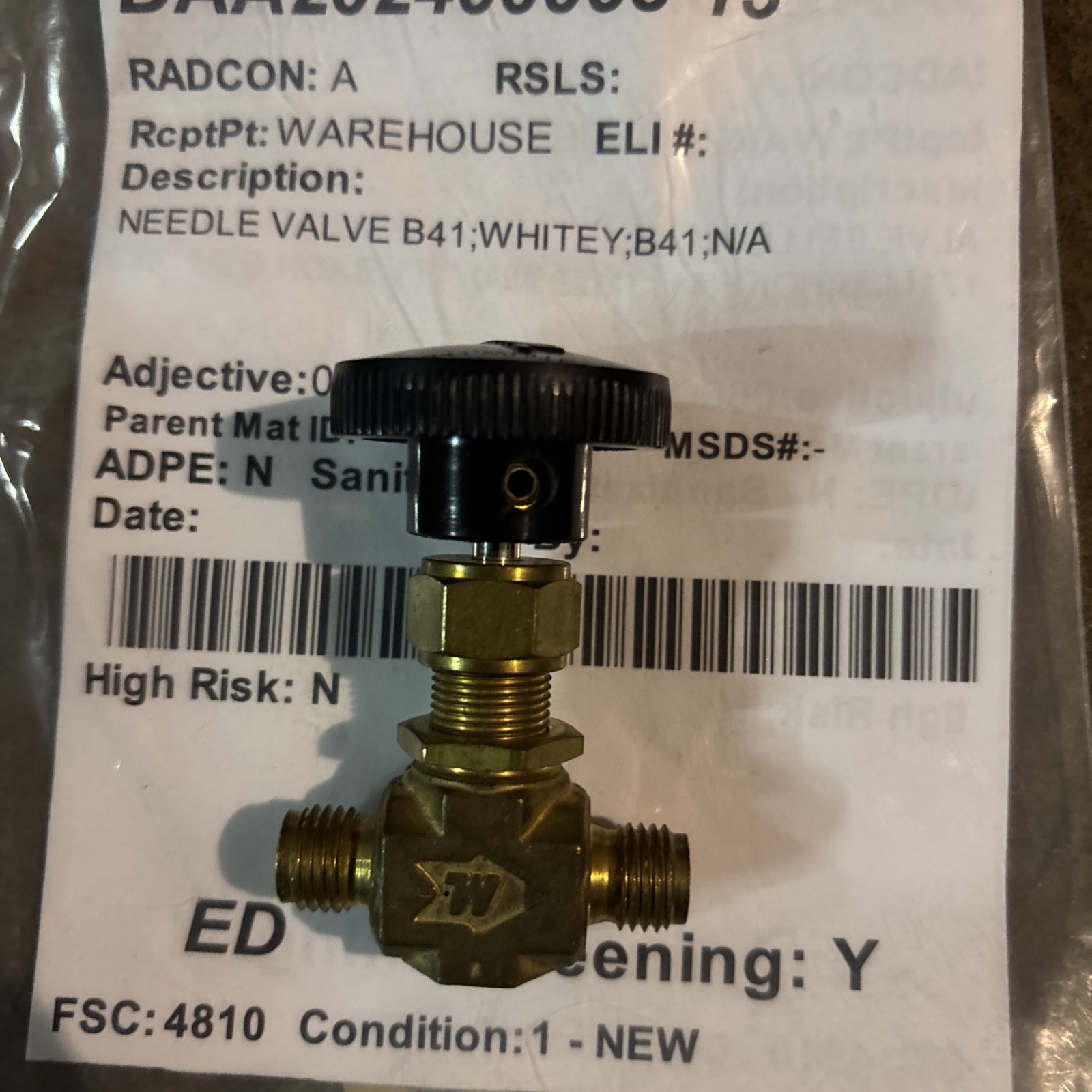 WHITEY B-1VS4 Integral Bonnet Needle Valve Brass
