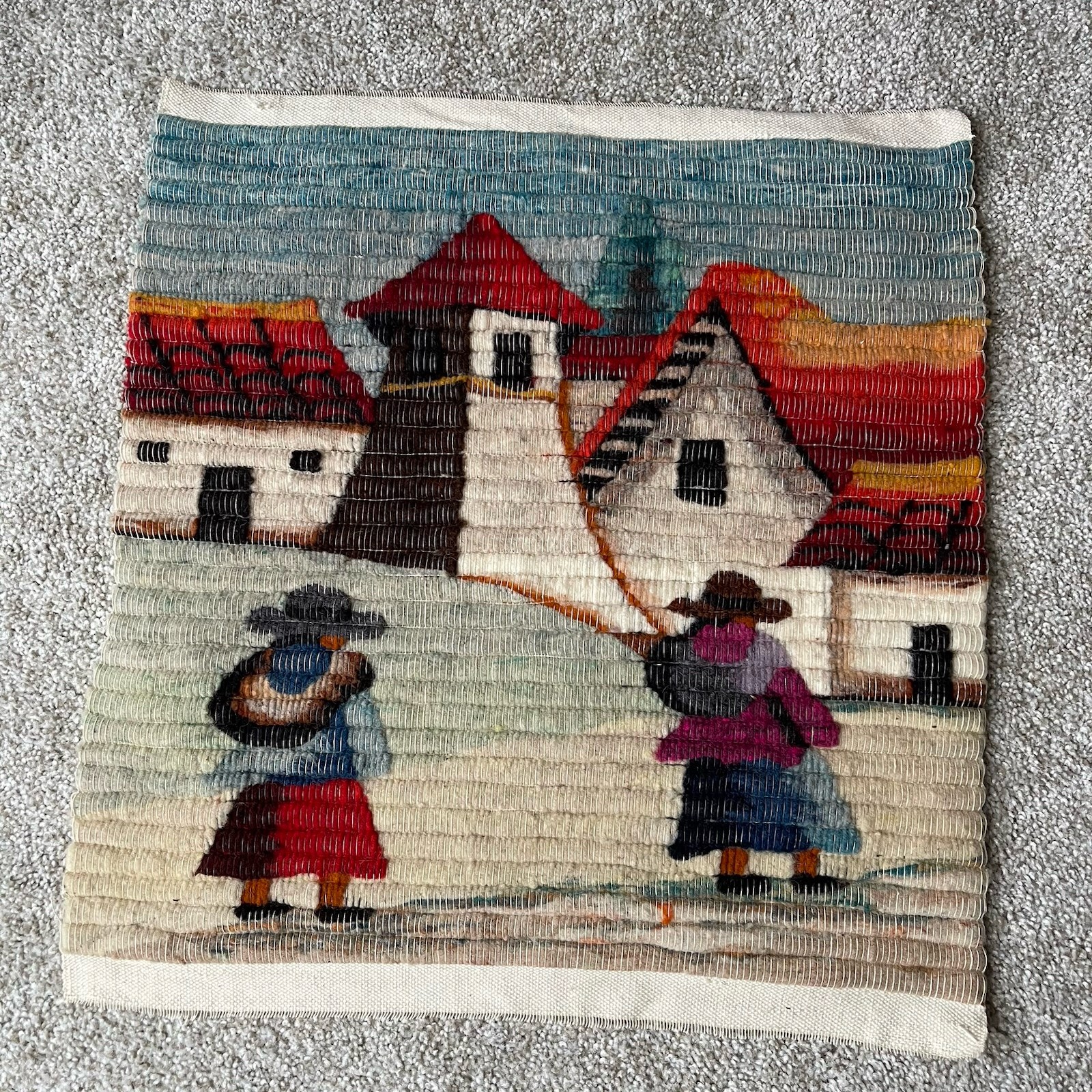 Peruvian Folk Art Hand Woven Tapestry Wall Hanging Andes Vintage 18x18 Fiber Art