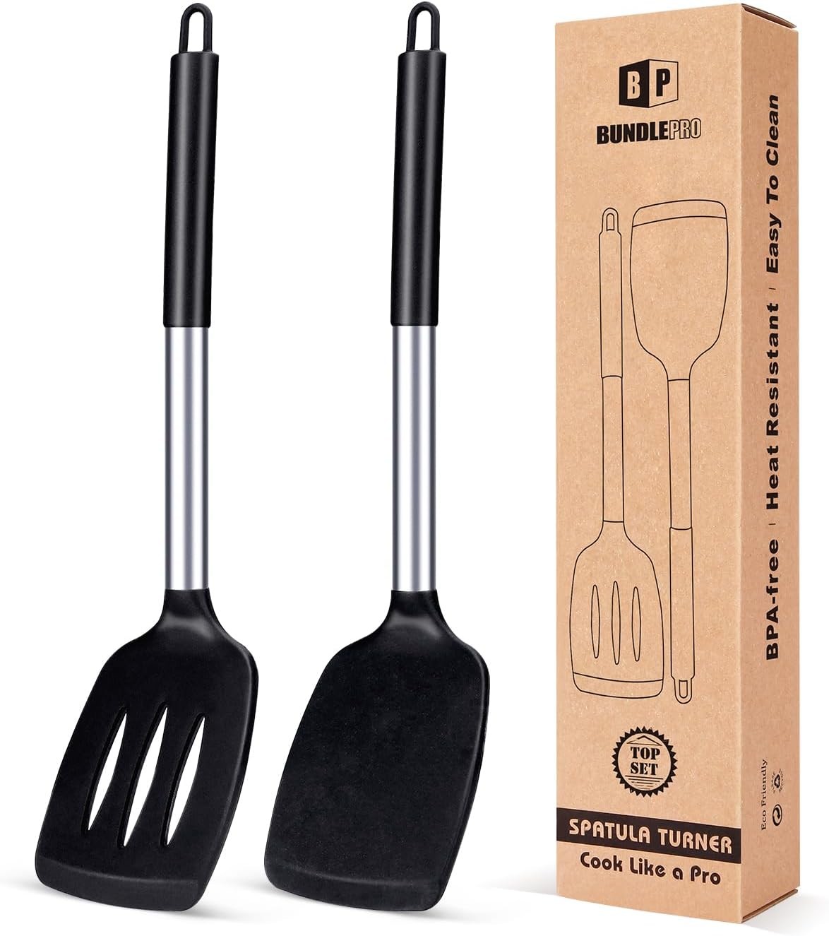 Pack of 2 Silicone Solid Turner, Non Stick Slotted Kitchen Spatulas, High Heat