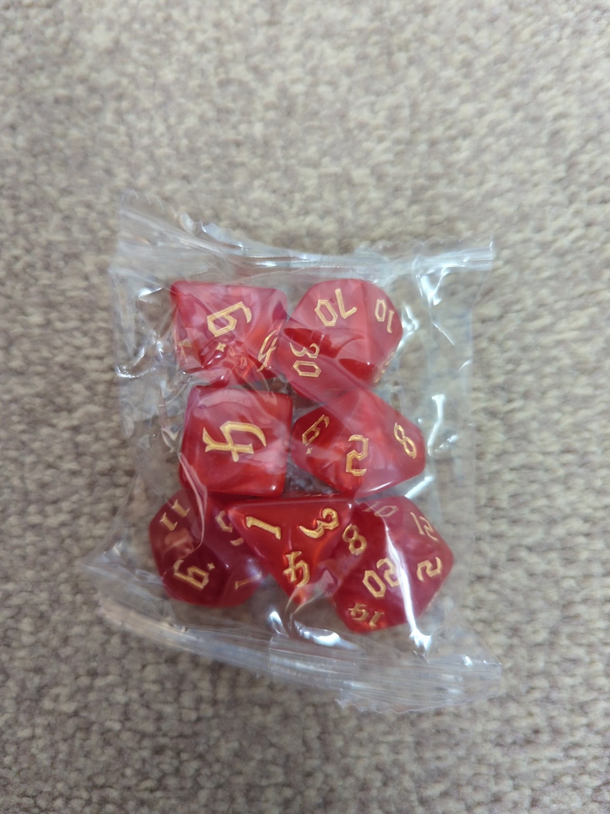 Set Of 7 Role Playing Dice- Red And Gold