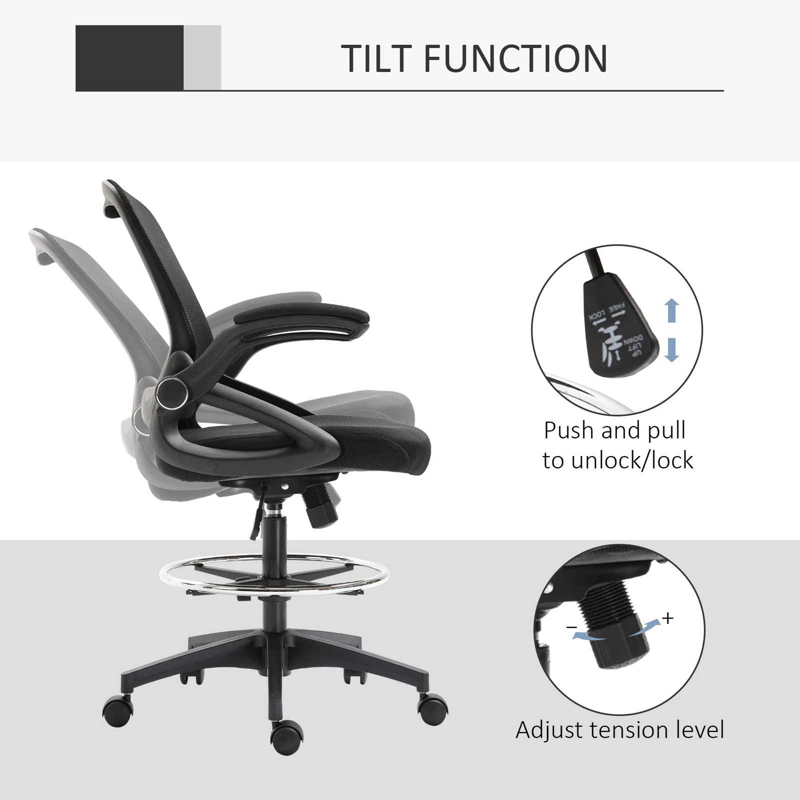 Vinsetto Mesh Drafting Chair, Tall Office Chair with Lumbar Support, Flip-Up Arm