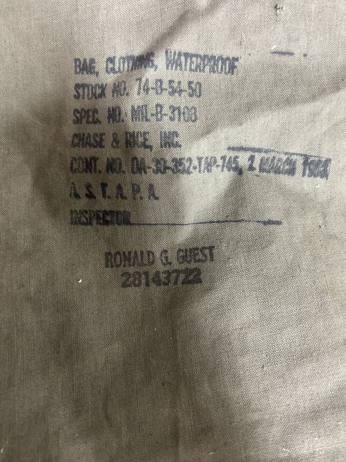 USGI Waterproof Clothing Bag VINTAGE DATED 1954 with soldier name