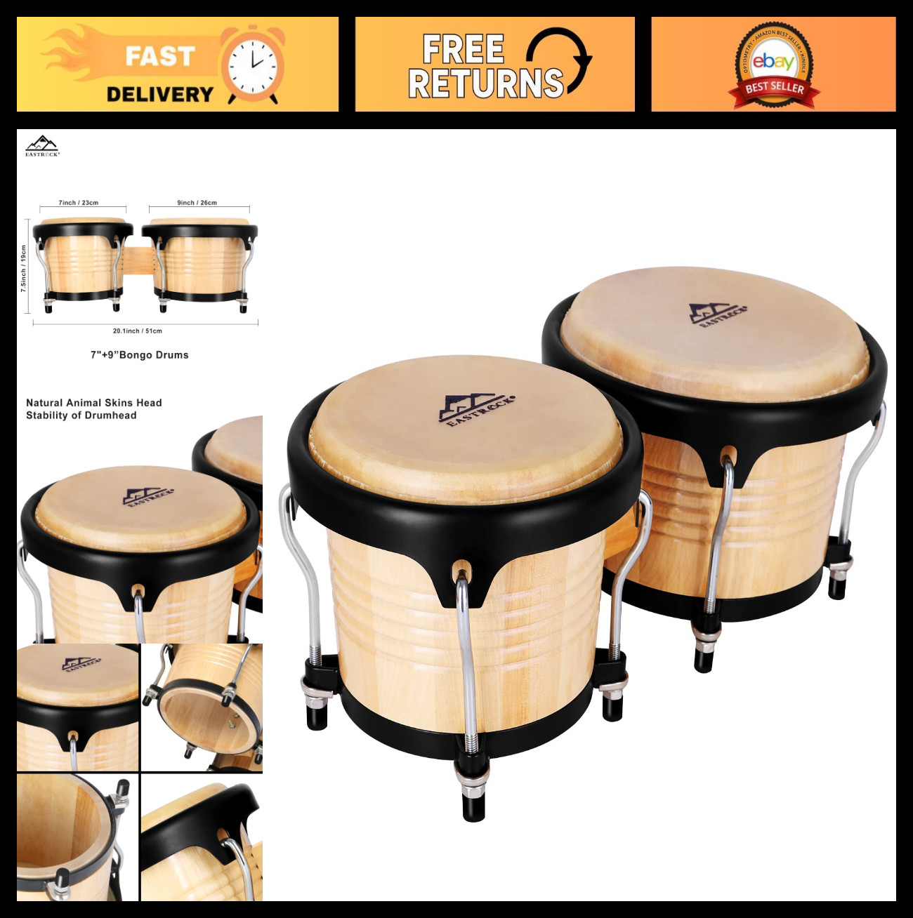 Tunable Bongo Drums Set 7” & 9” for Adults & Beginners - Wood & Metal Percussion