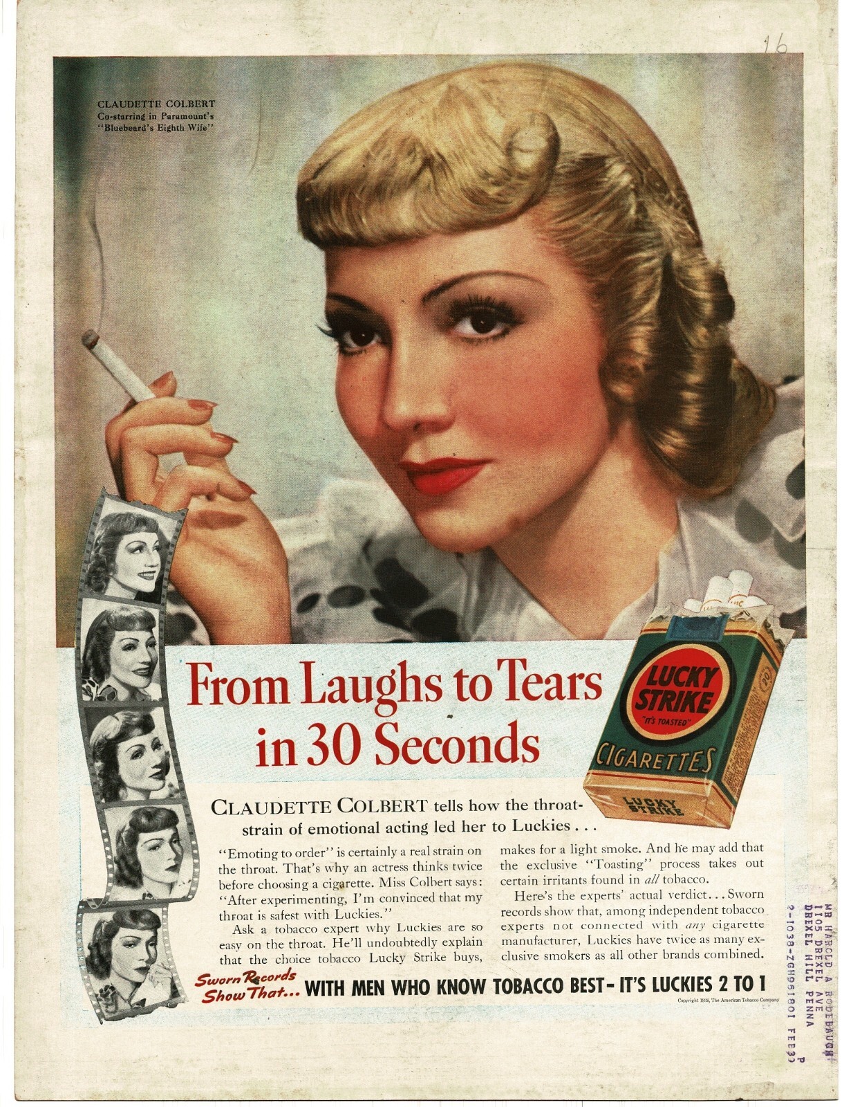 1938 Lucky Strike Cigarettes Claudette Colbert movie star Vintage Print Ad