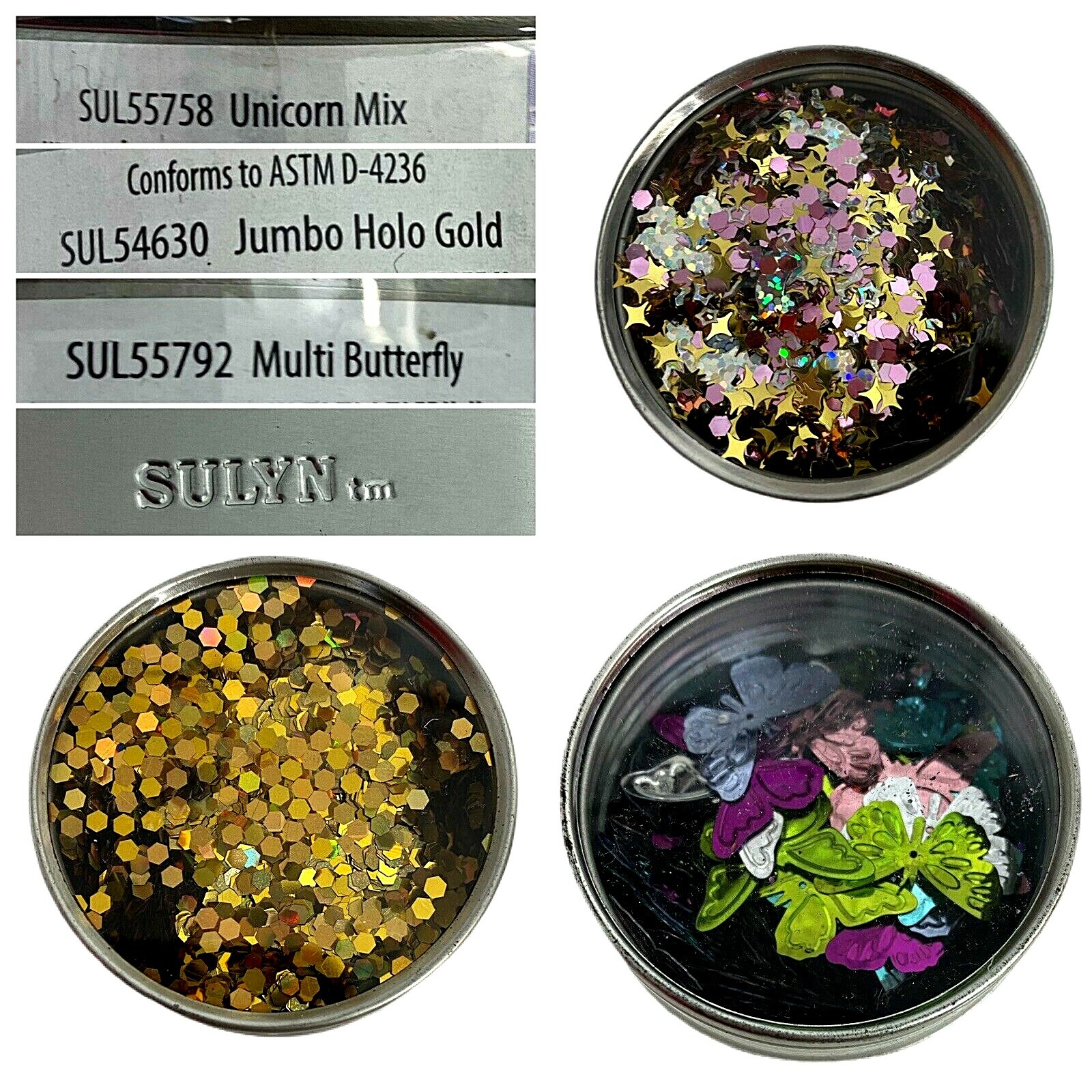 9 Tins Sulyn Glitter Sequin Craft Supplies Shapes Butterfly Unicorn Gold Stars