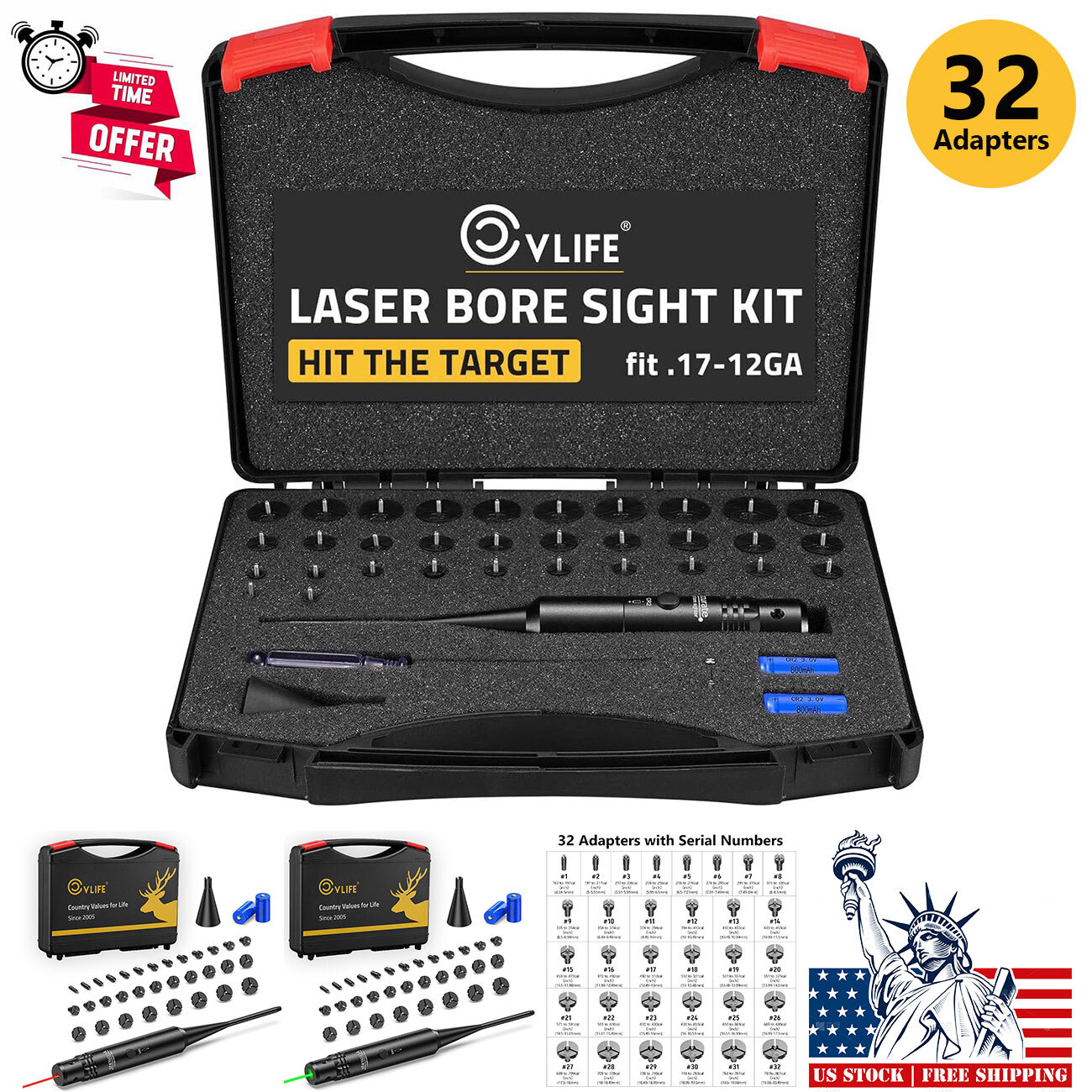 Professional Laser Bore Sight Kit w/ 32 Adapters Upgraded Red/Green Bore Sighter