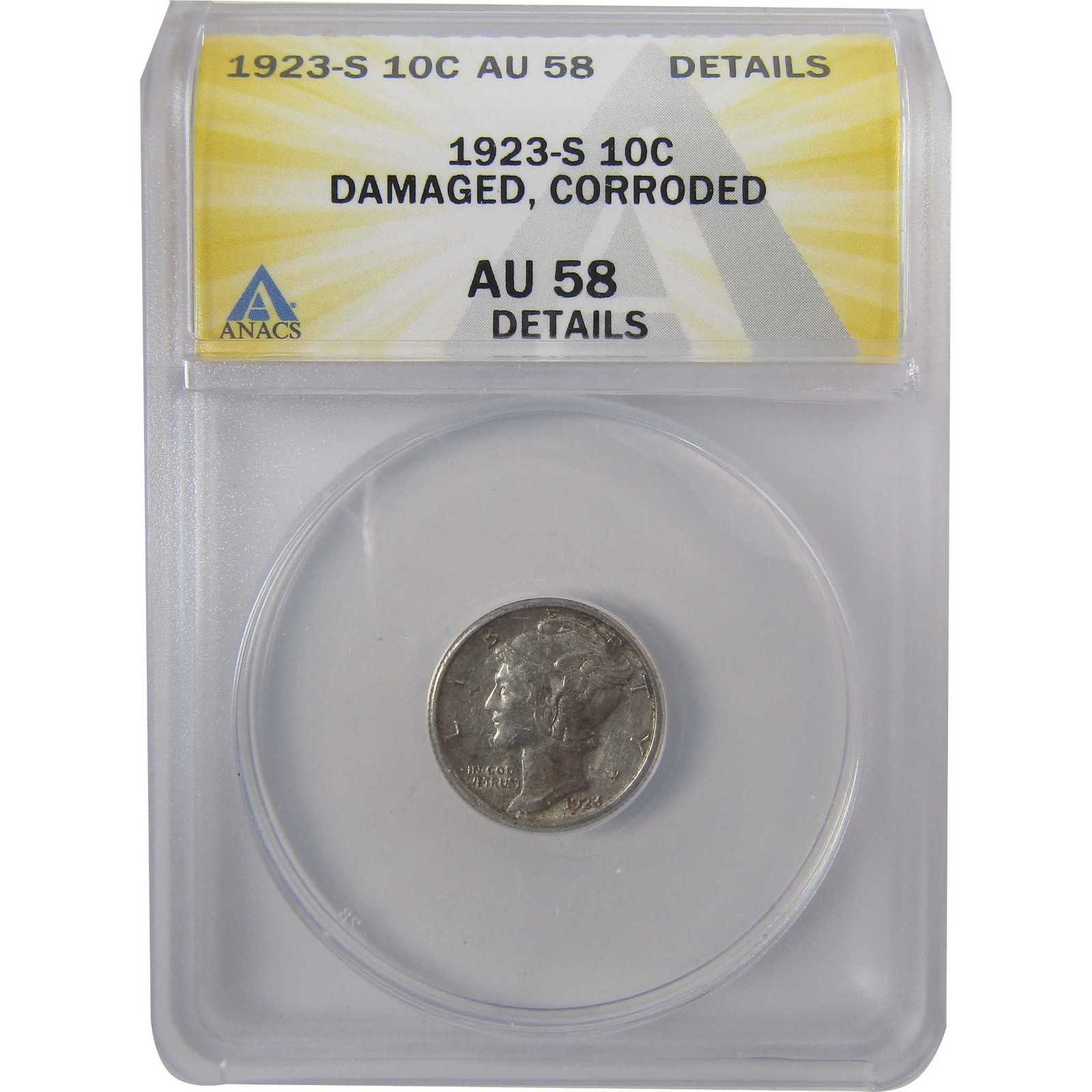 1923 S Mercury Silver Dime AU 58 Details ANACS 10c Coin SKU:I24427