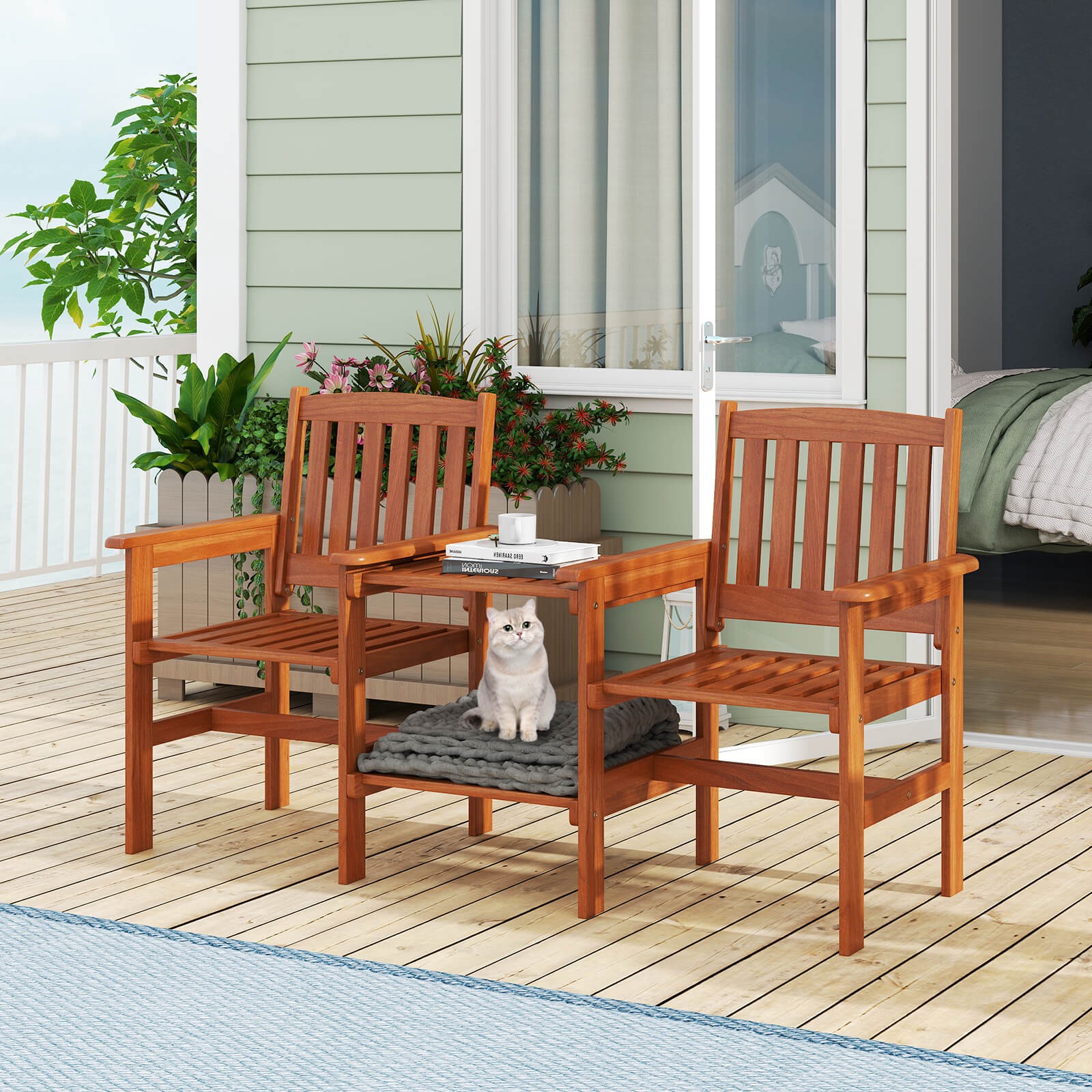 Outdoor Wood Bench Loveseat w/ Built-in Table 1.57" Umbrella Hole for Porch