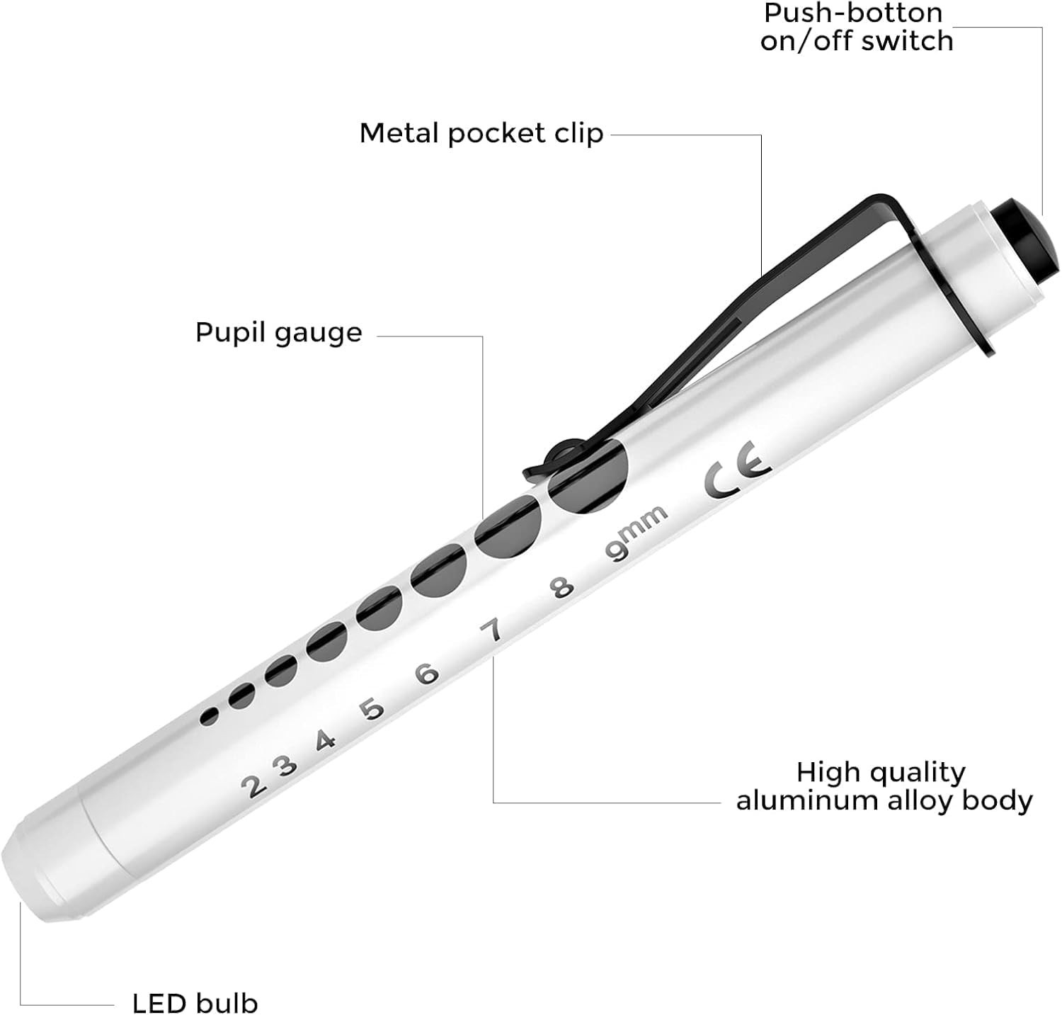 Durable LED Pen Light for Nurses, 2-Pack with Pupil Gauge & Ruler - Black/White