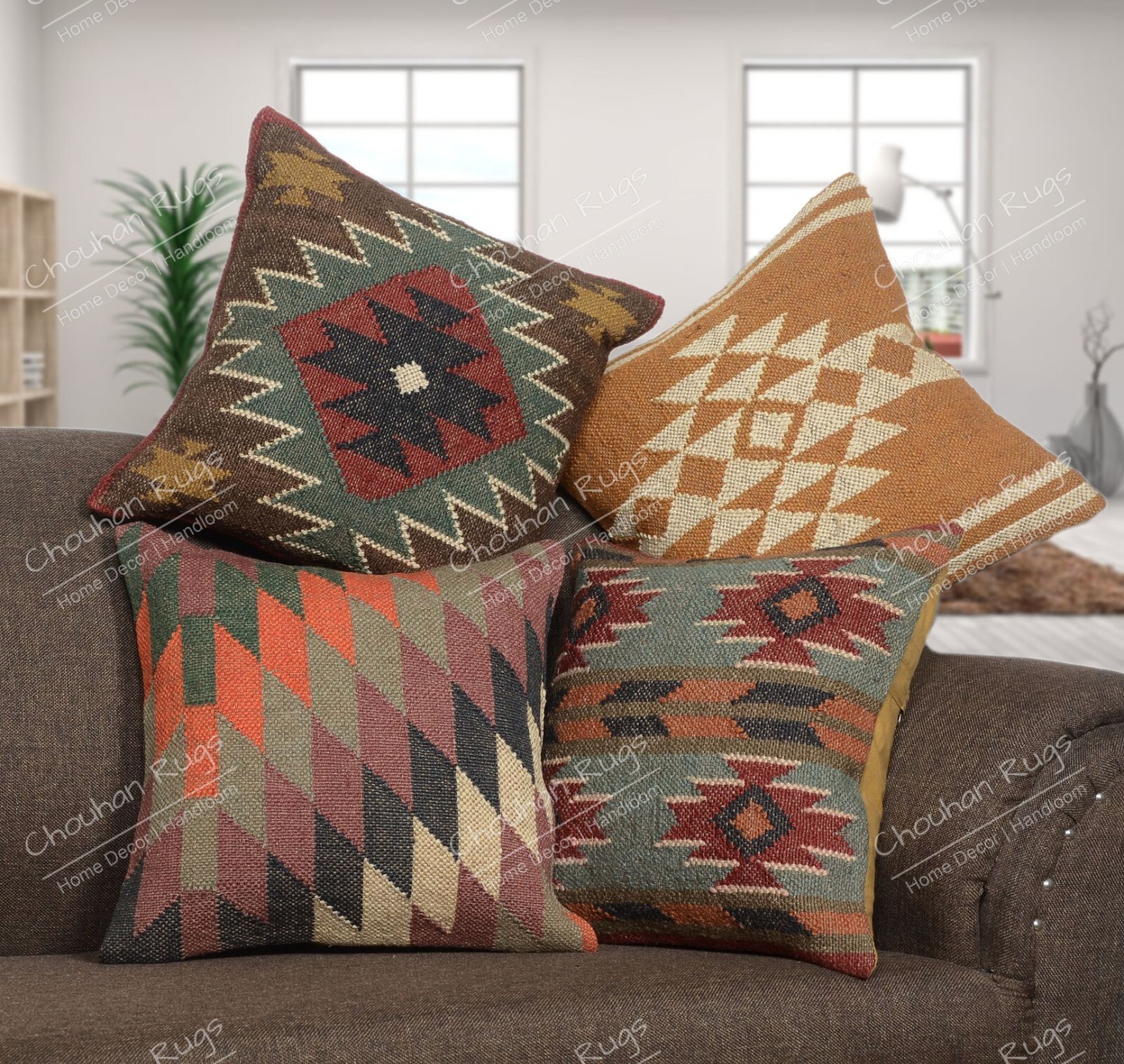 Lot of 4 Pcs Jute Kilim Rugs Cushion Cover Bohemian Pillow Cases For Home Decor