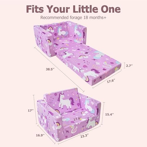 Kids Couch, 2-in-1 Toddler Sofa Fold Out, Soft Toddler Chair for Purple Unicorn