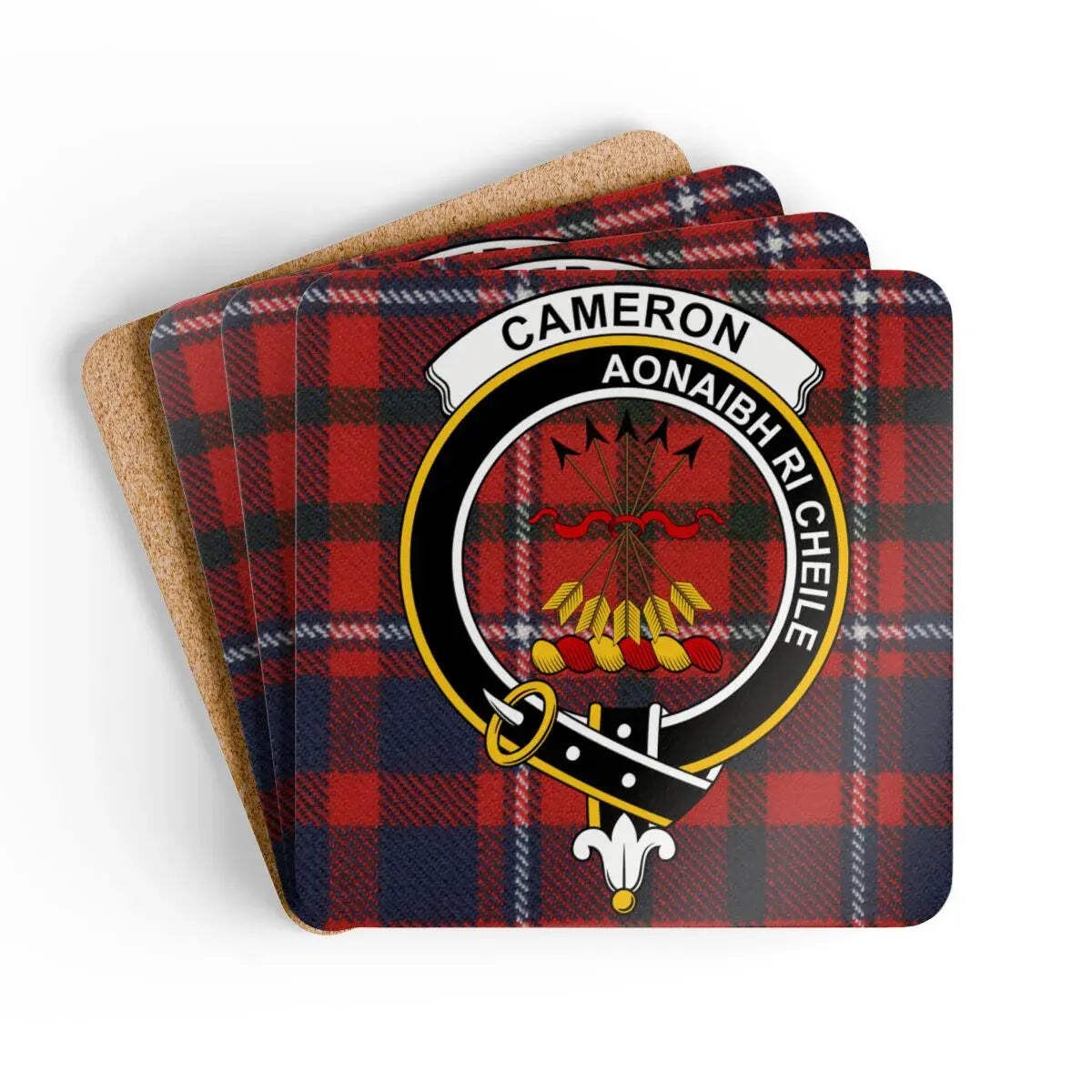 Cameron Clan Crest Tartan Coaster Set – Set of 4 Natural Cork