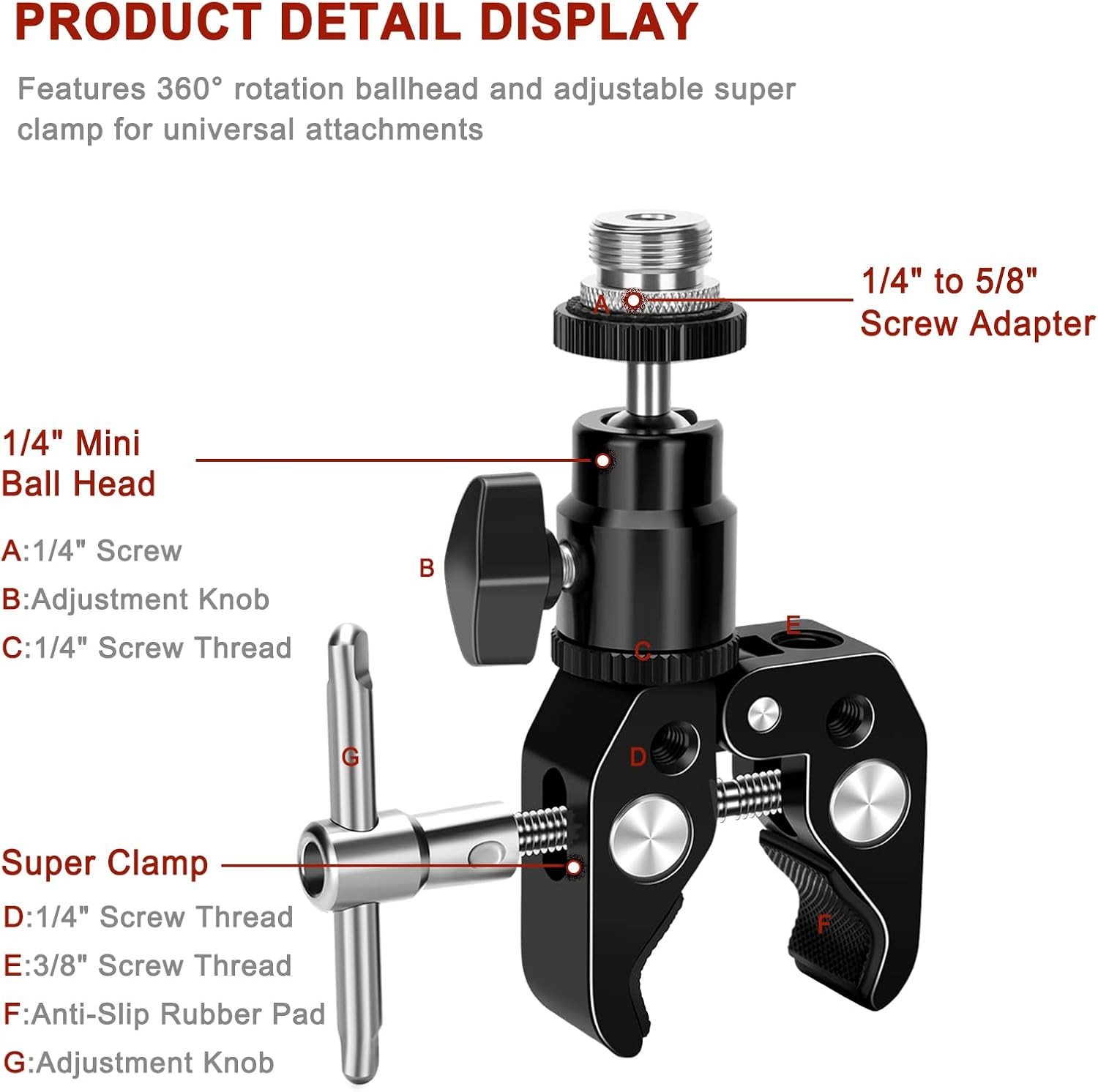 Microphone Clip Mic Clamp with Adjustable Ball Head and Mic Screw - Compatible w