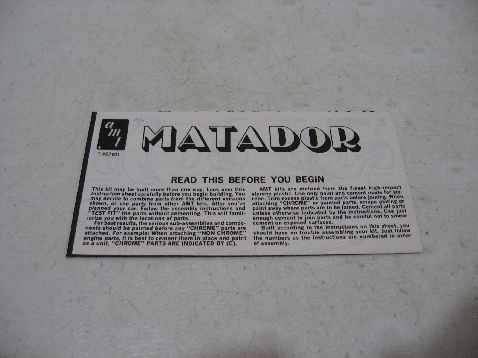 Instruction Sheet Only - AMT 1976 AMC Matador X Model Kit #T467