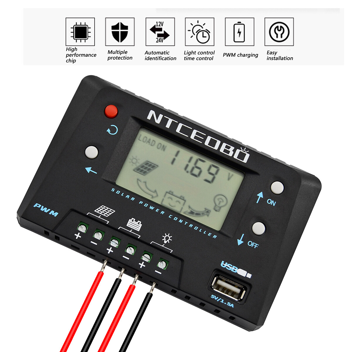 10A 12V/24V Solar Charge Controller,Double Button，Large LCD Display,USB Port