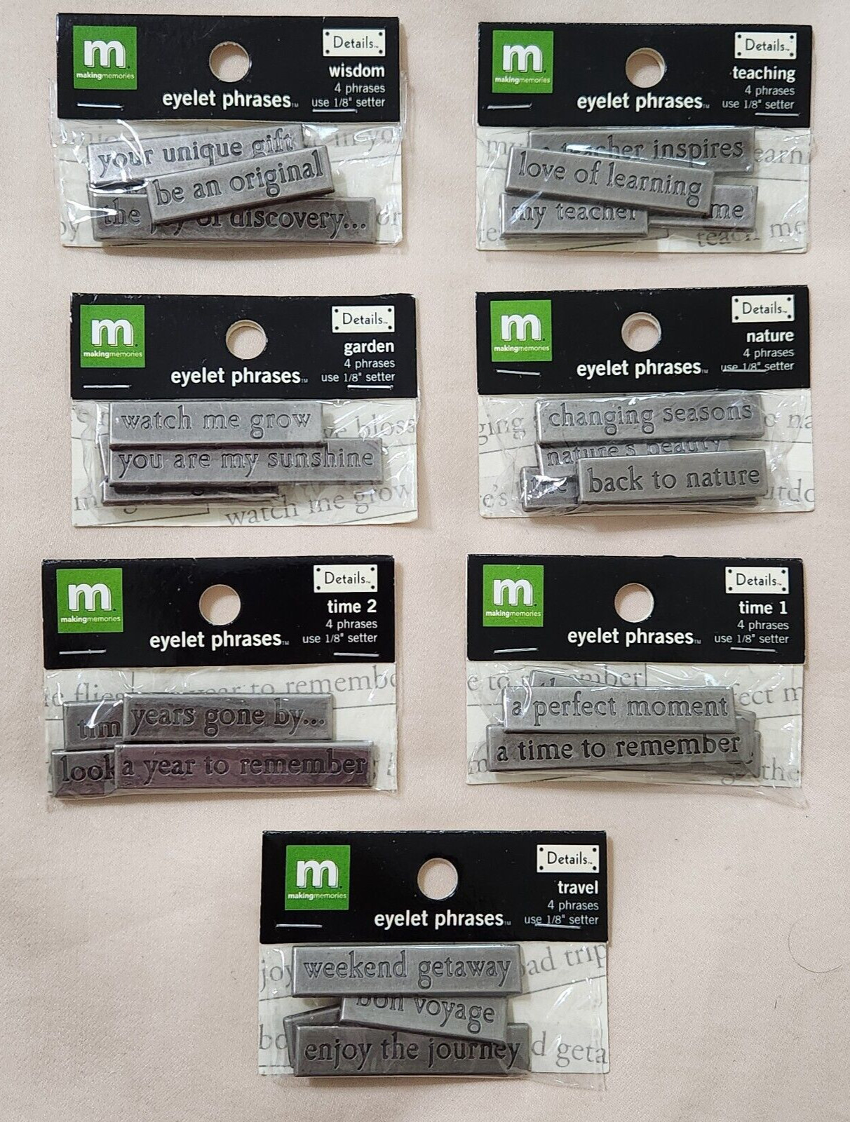 NEW Lot Making Memories Details Metal Eyelet Phrases NATURE WISDOM TRAVEL TEACH