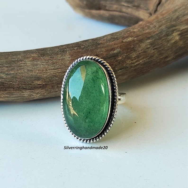 Green Jade Solid 925 Sterling Silver Beautiful Statement Ring,   All Size M1459