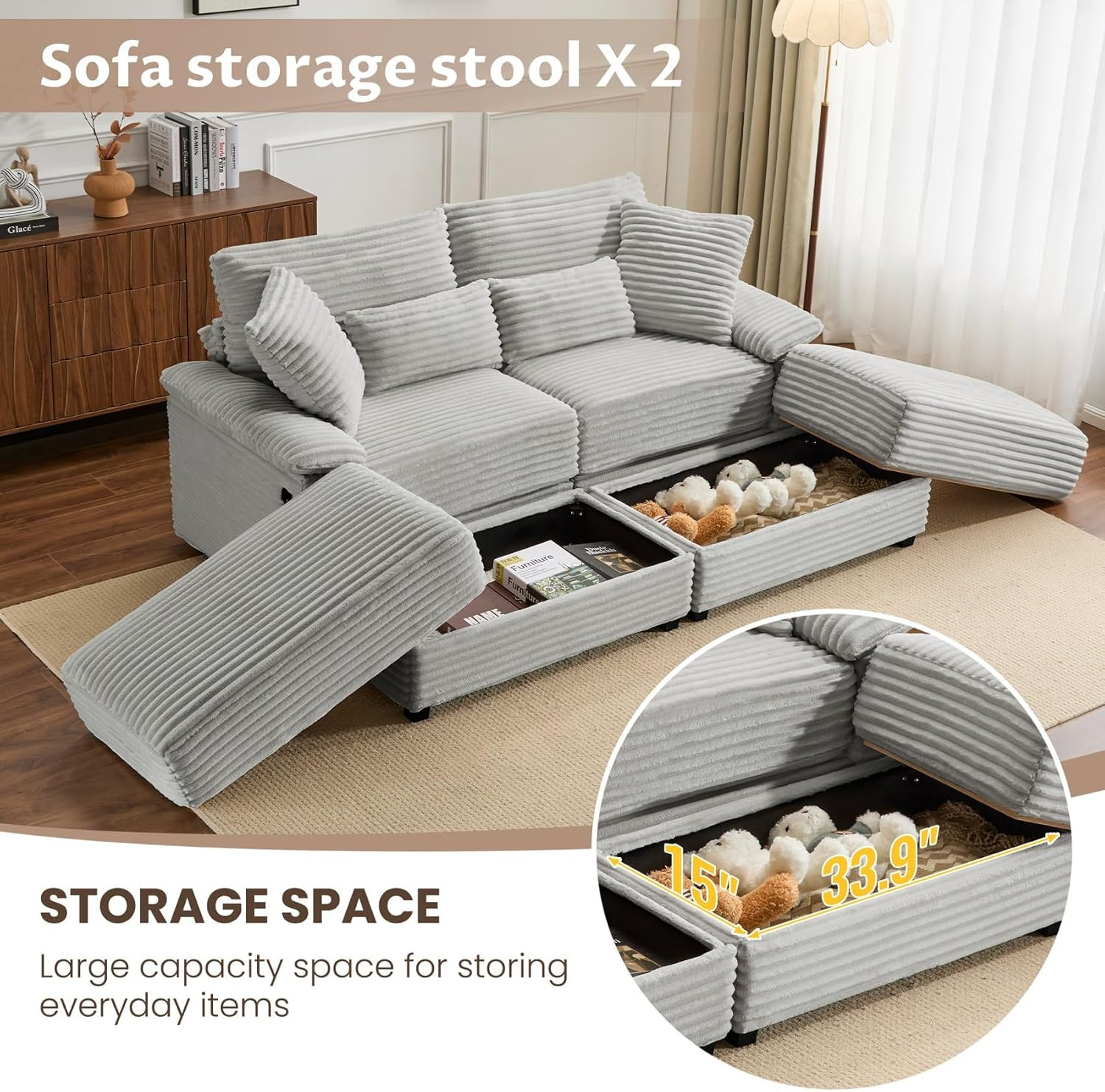 Double Lounge Chaise Indoor with Reversible Storage Ottoman/Table, USB Port & Pi