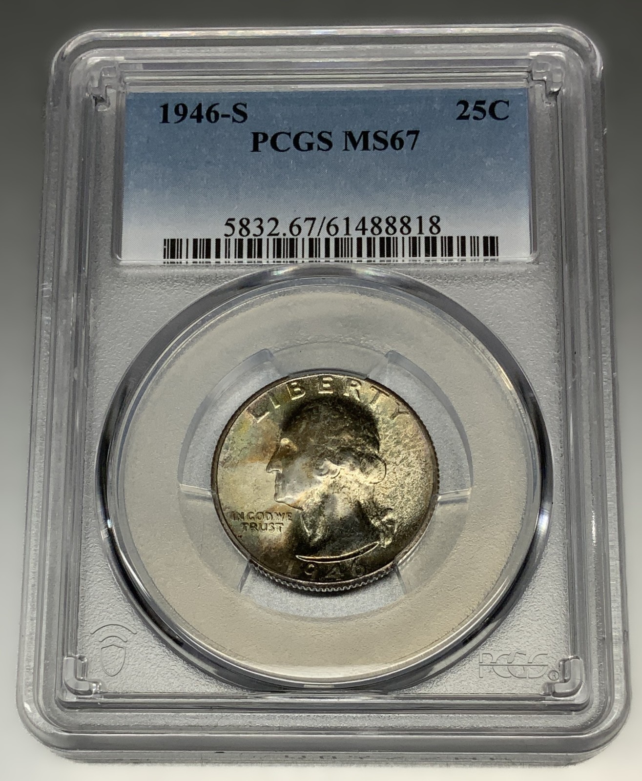 1946-S Washington Silver Quarter 25C PCGS MINT STATE 67 MS 67, 90% US Silver