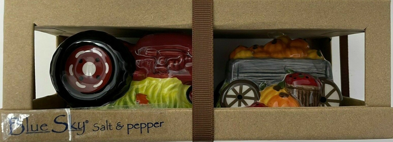 Blue Sky Tractor Pumpkin Trailer Salt & Pepper Shakers Fall Autumn Home New
