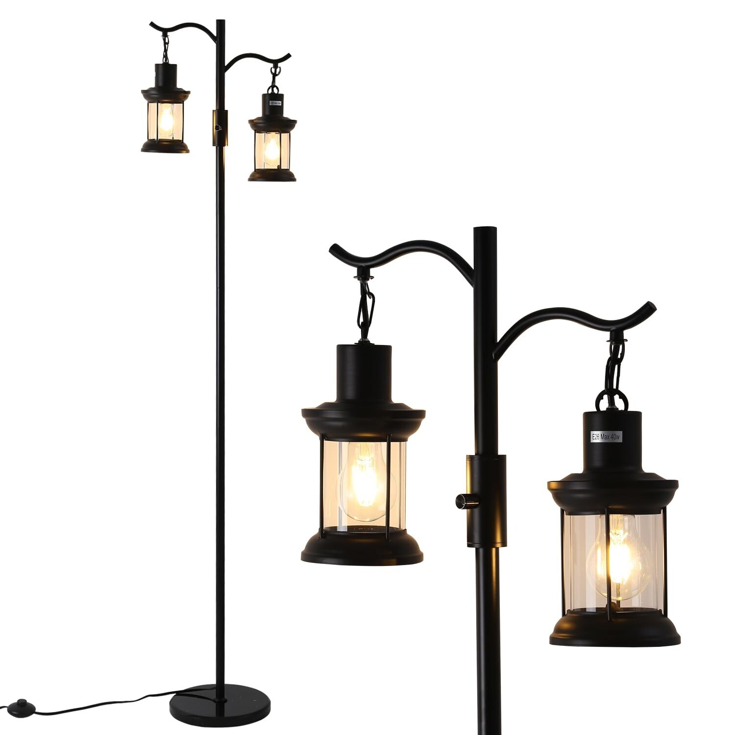 Vintage Dimmable Floor Lamp,2 Classical Lanterns Standing Lamp, Rustic Farmho...