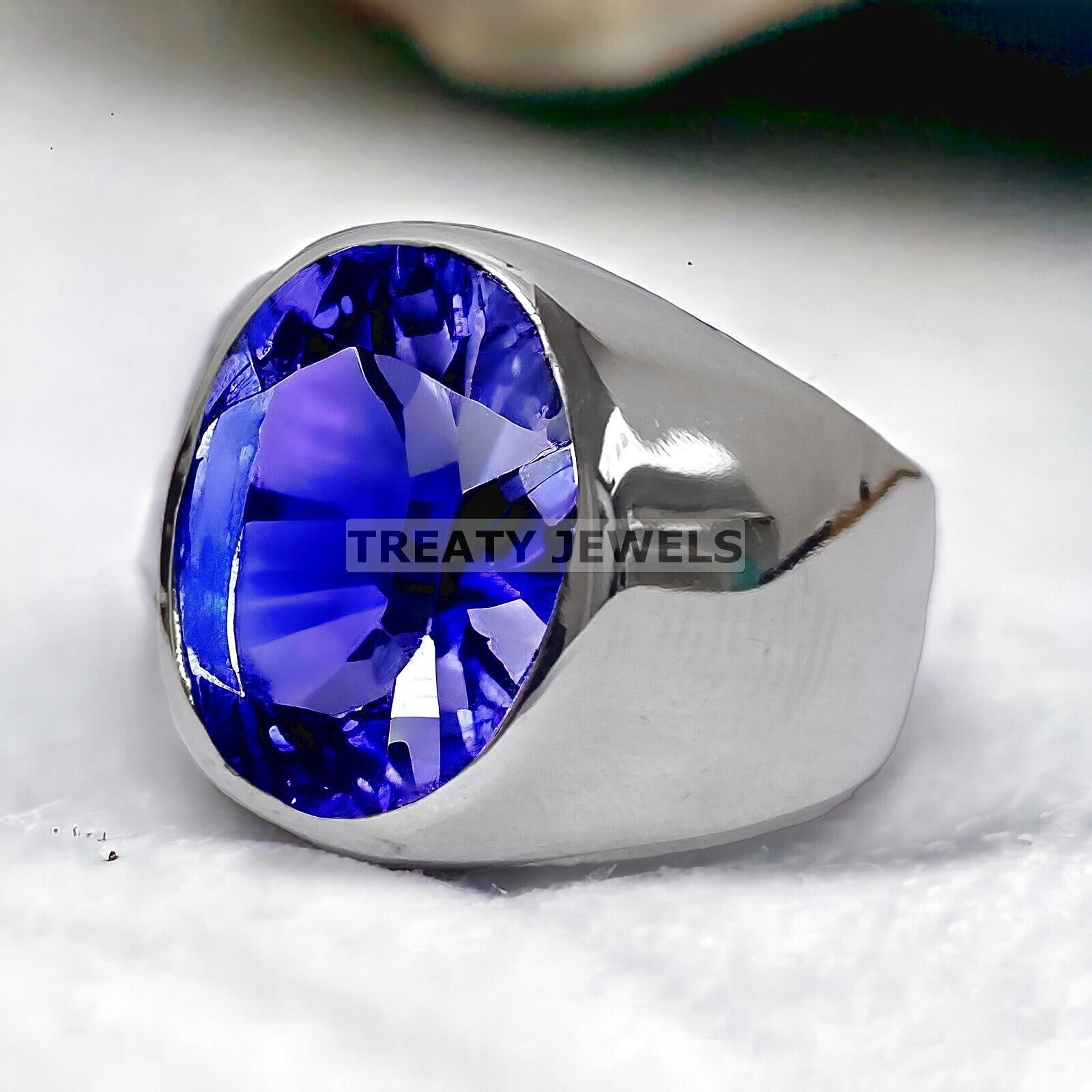 Tanzanite Oval Cut Gemstone With 14K Solid White Gold Ring For Men's #A97