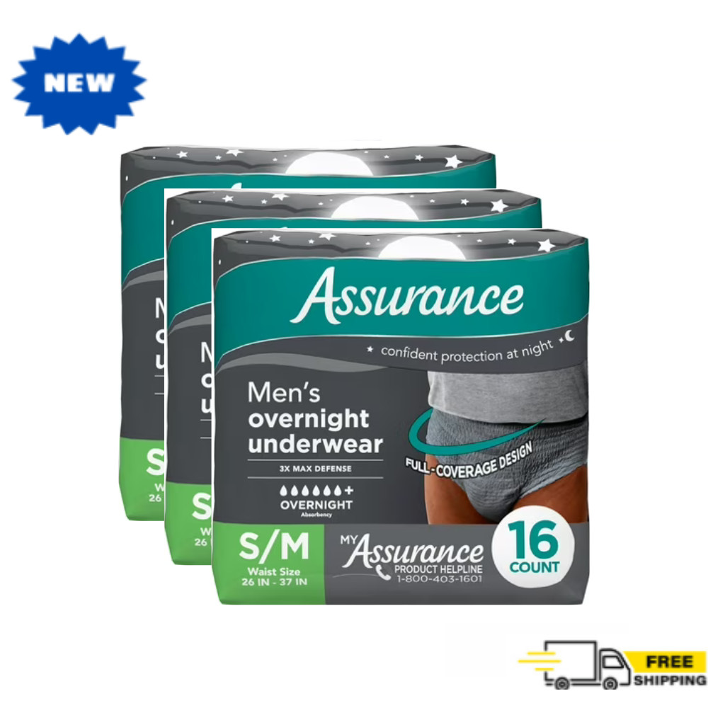3 Pack Assurance Men's Overnight Incontinence Underwear, S/M, Ultimate, 16 Count